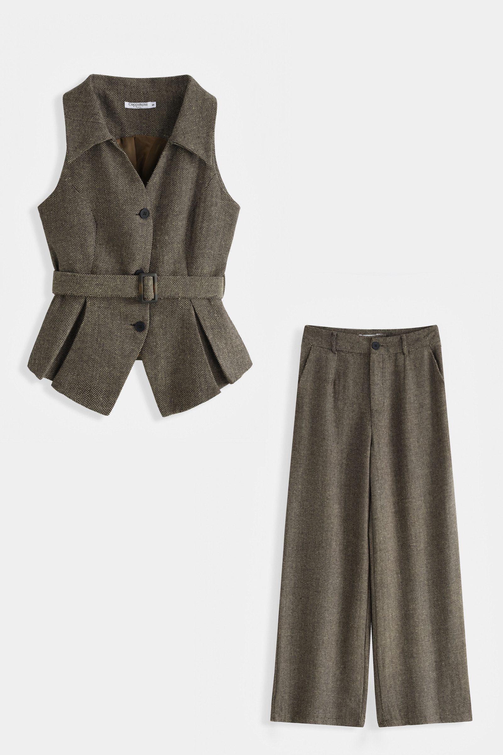 Großhändler Copperose - ÄRMELLOSES FISCHGRÄTENMUSTER-SET MIT SCHÖSCHENWESTE UND WEITER HOSE