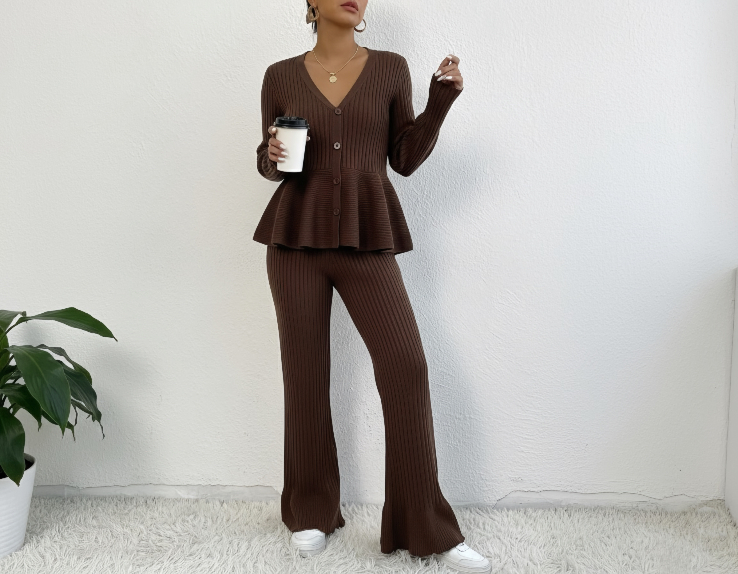 Mayorista Copperose - Conjunto de punto acanalado con pantalones acampanados y top peplum