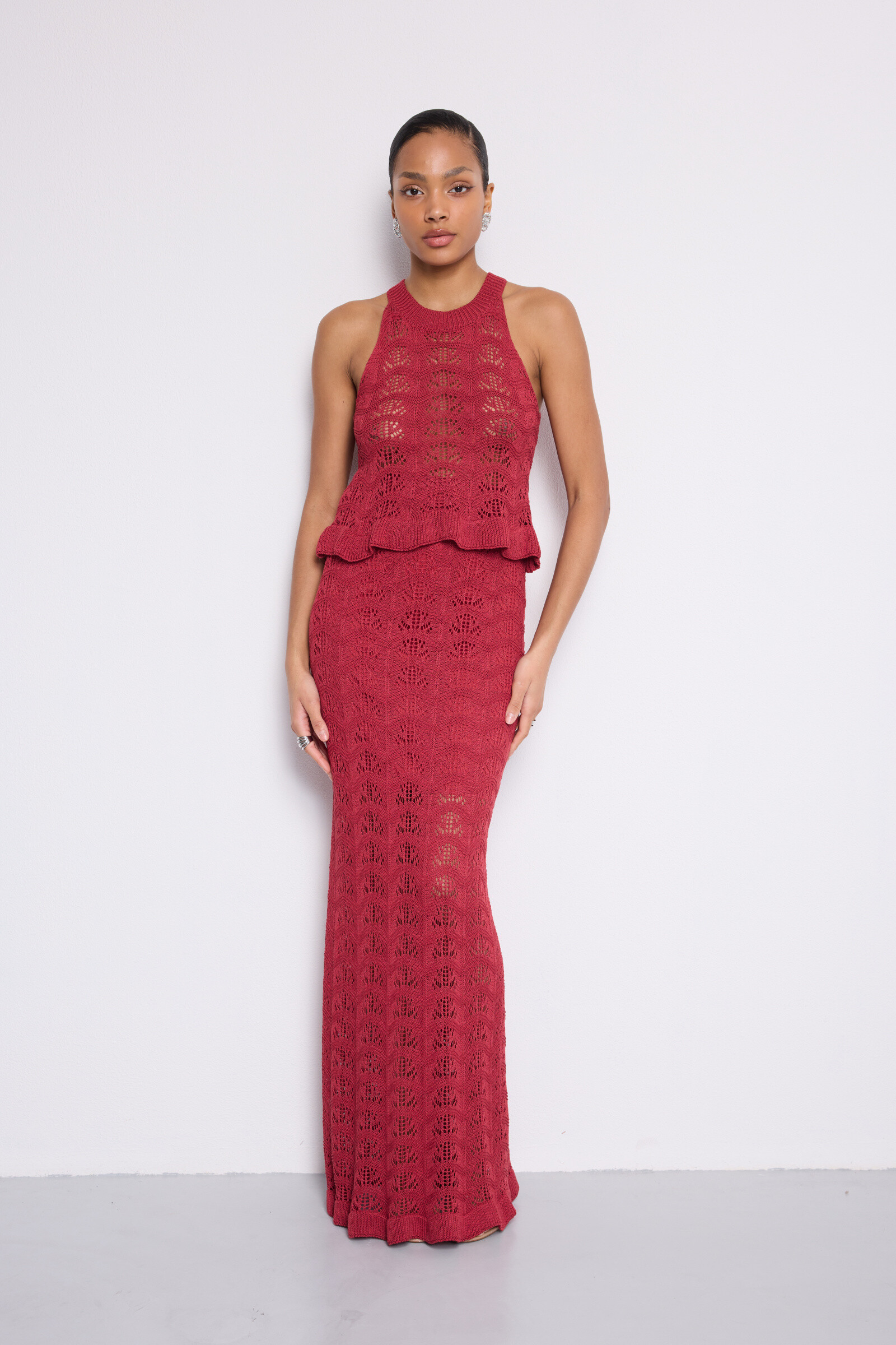 Grossiste Copperose - Ensemble top et jupe en maille ajourée effet crocchet
