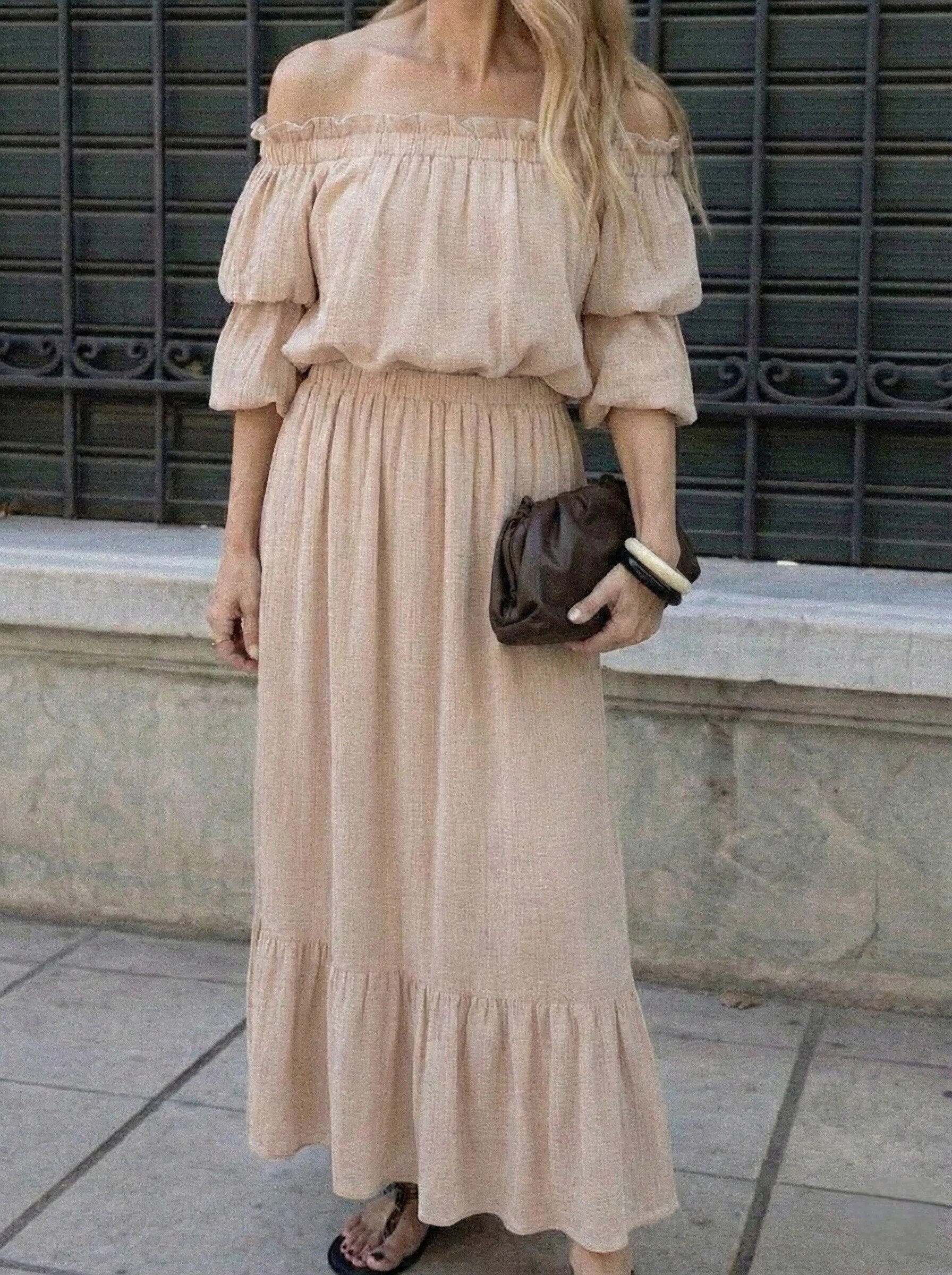 Mayorista Copperose - Conjunto de Top Bardot y Falda Larga Texturizada