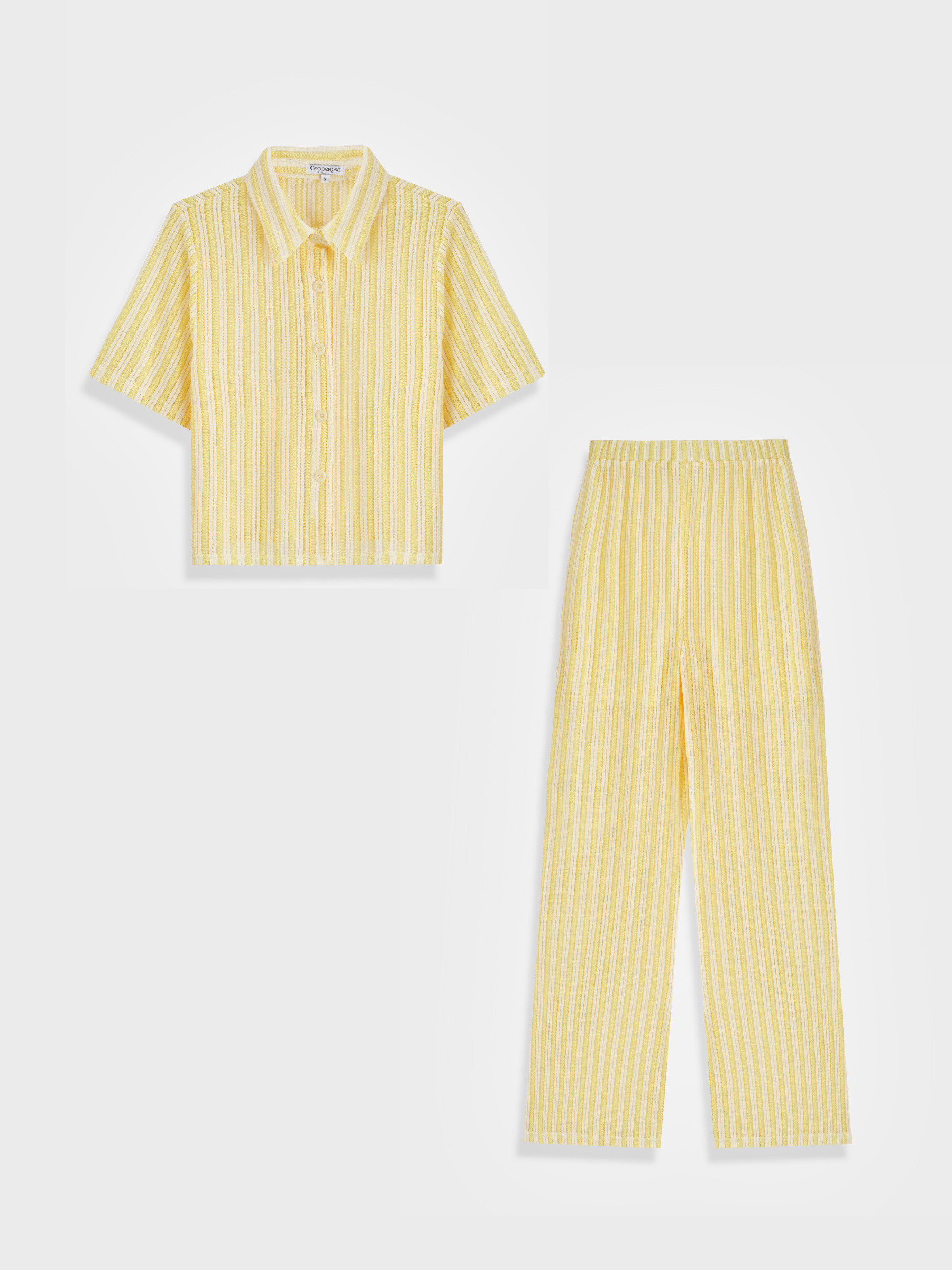 Grossiste Copperose - ENSEMBLE MAILLE TEXTURÉE RAYÉE CHEMISE ET PANTALON
