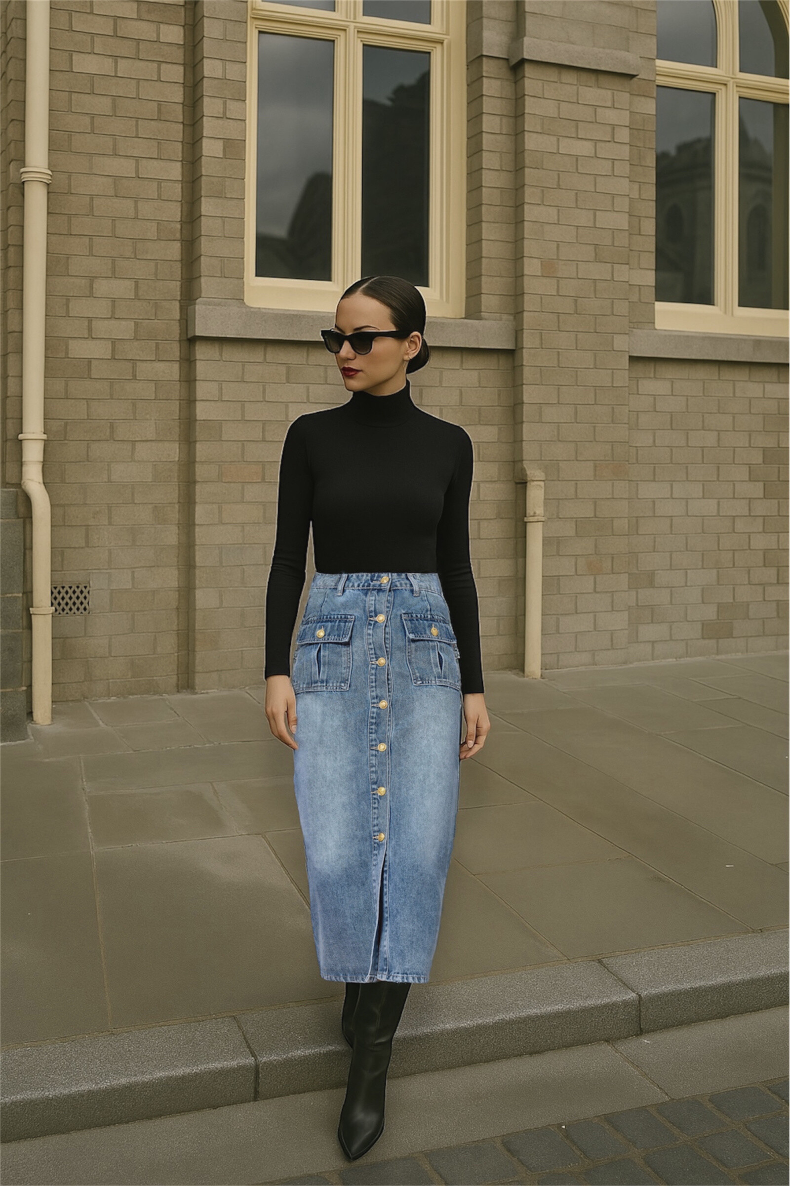 Großhändler Copperose - Langer Jeansrock mit Cargo-Effekt und goldenen Knöpfen