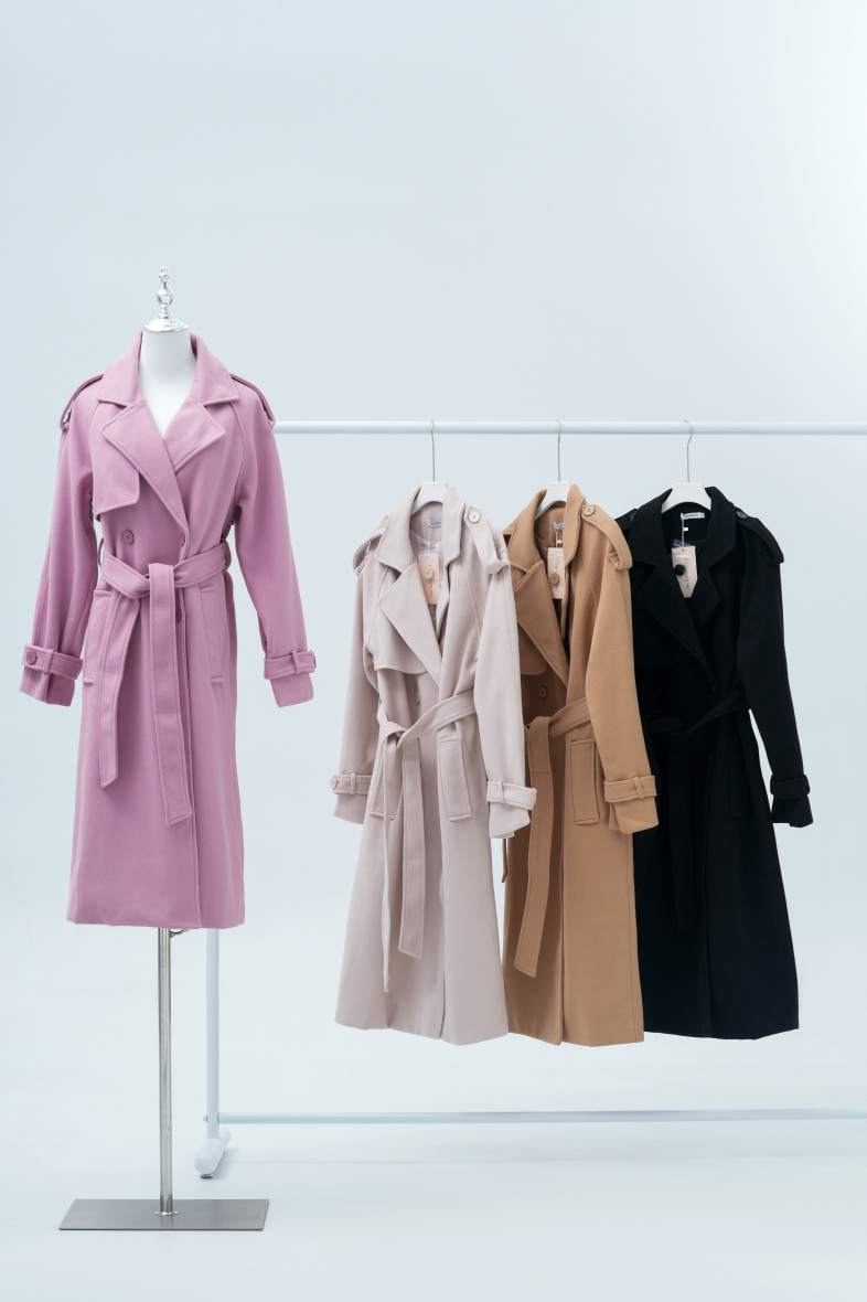 Grossista Copperose - Trench lungo con cintura e dettaglio in lana