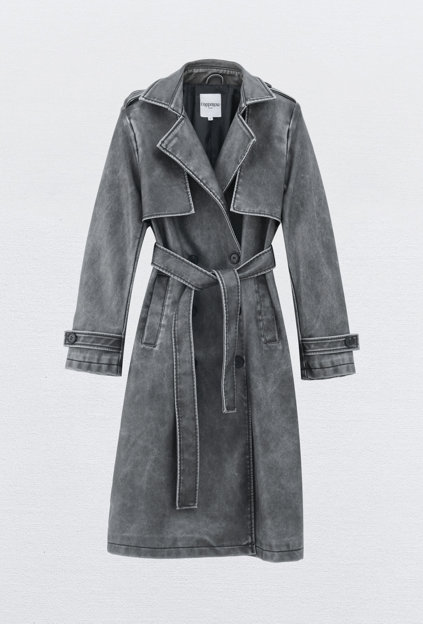 Grossista Copperose - Trench lungo con cintura in ecopelle scolorita