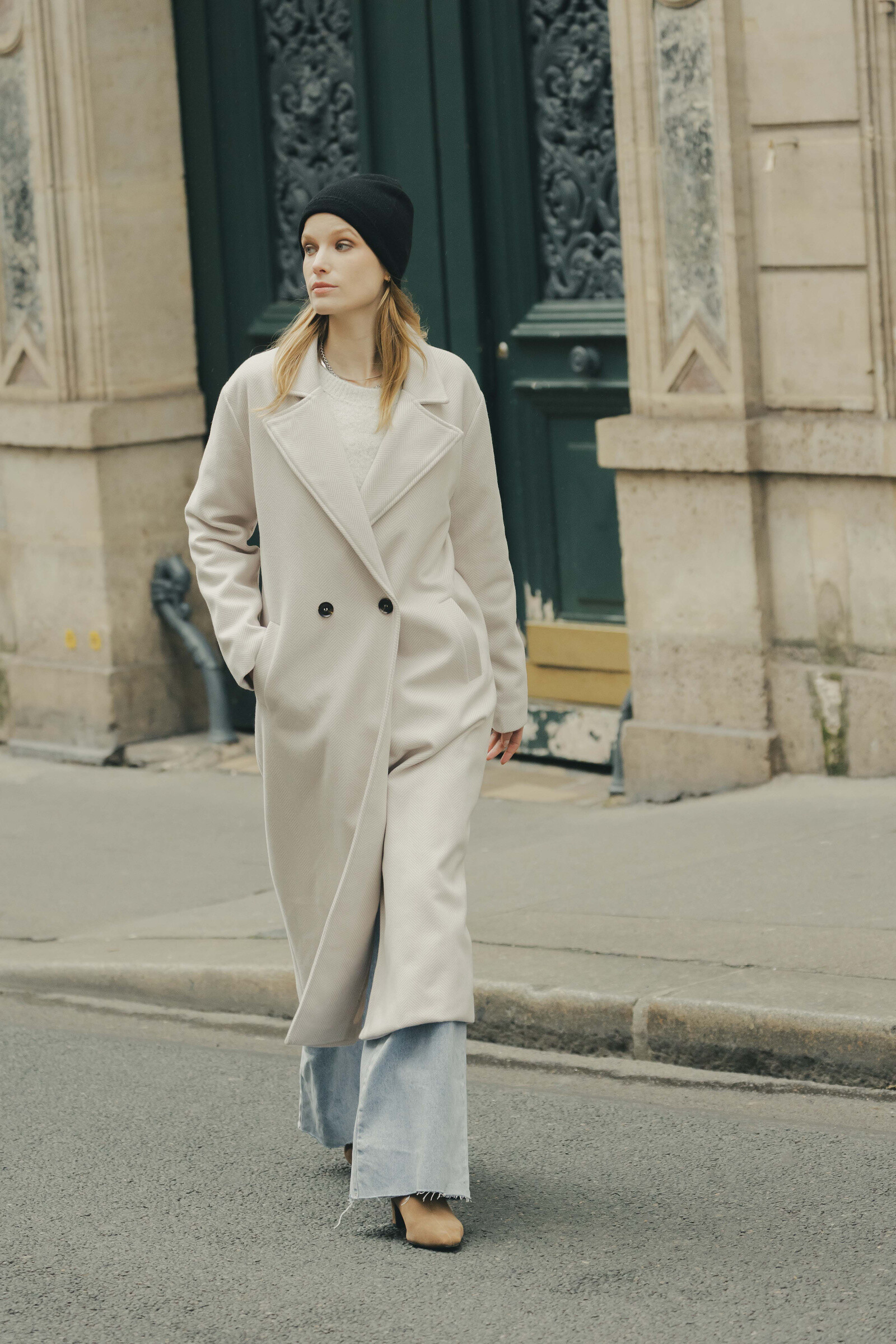 Grossista Copperose - Cappotto lungo e dritto con effetto tweed a spina di pesce