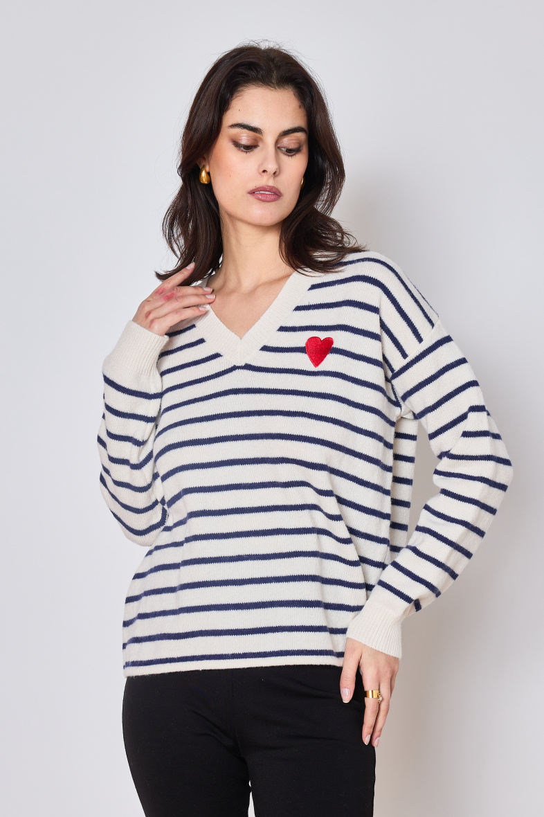 Grossiste Copperose - pull fin à rayures motif cœur brodé