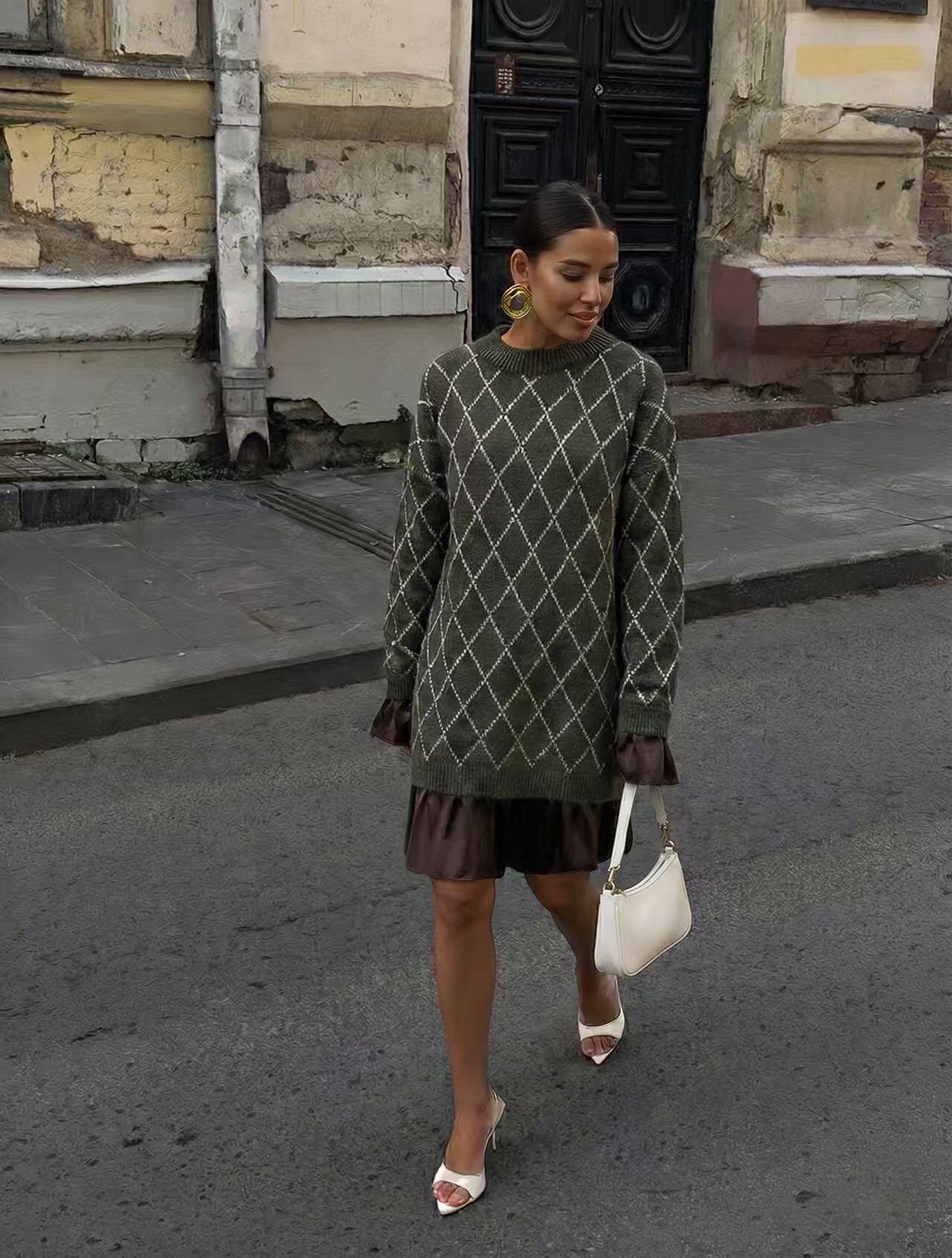 Mayorista Copperose - VESTIDO JERSEY CON ESTAMPADO DE ROMBOS Y BAJO CON VOLANTES