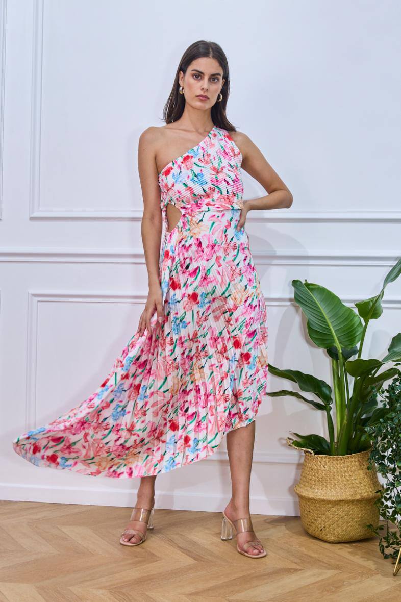 Grossiste Copperose - robe longue plissée asymétrique à fleurs