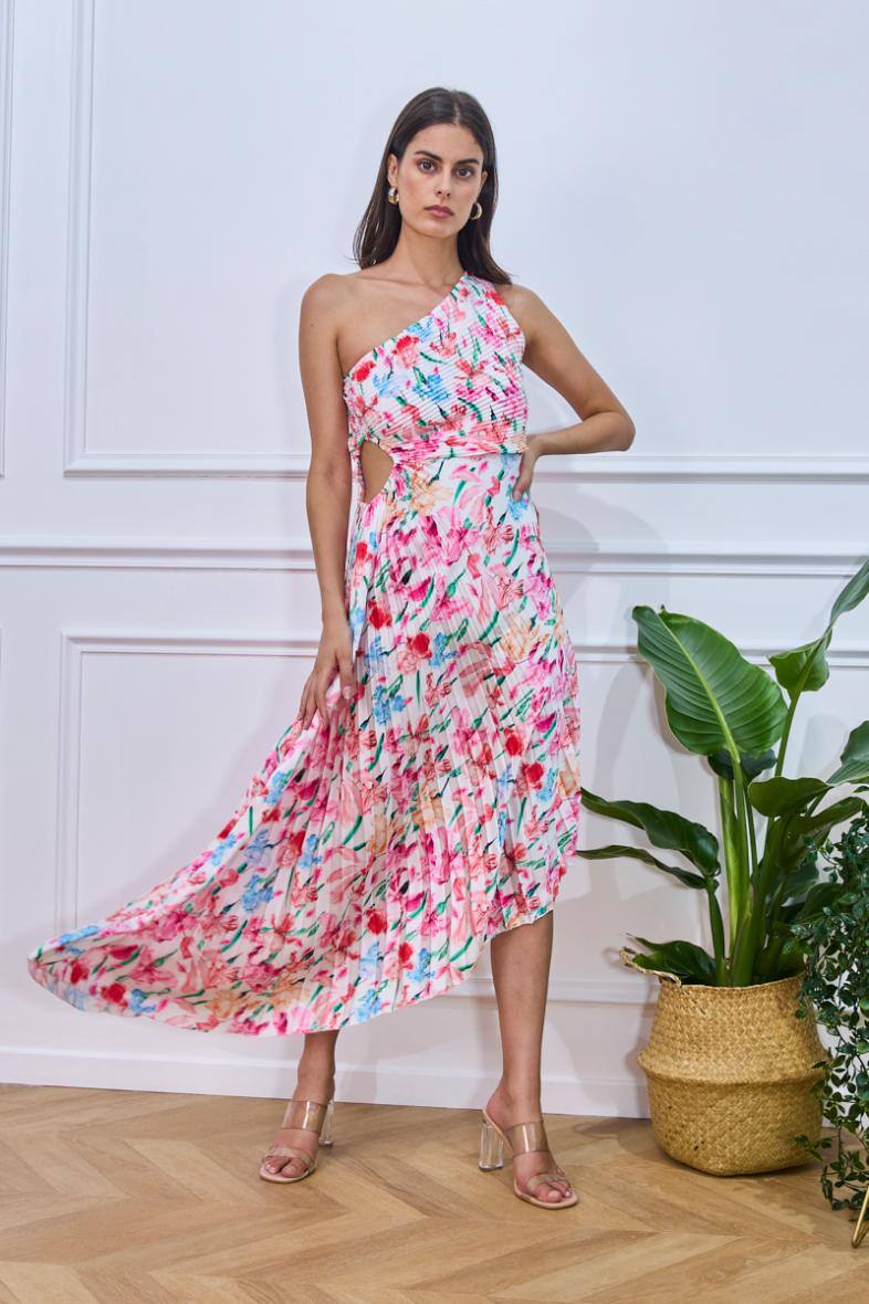 Großhändler Copperose Outlet - Asymmetrisches, plissiertes Maxikleid mit Blumenmuster
