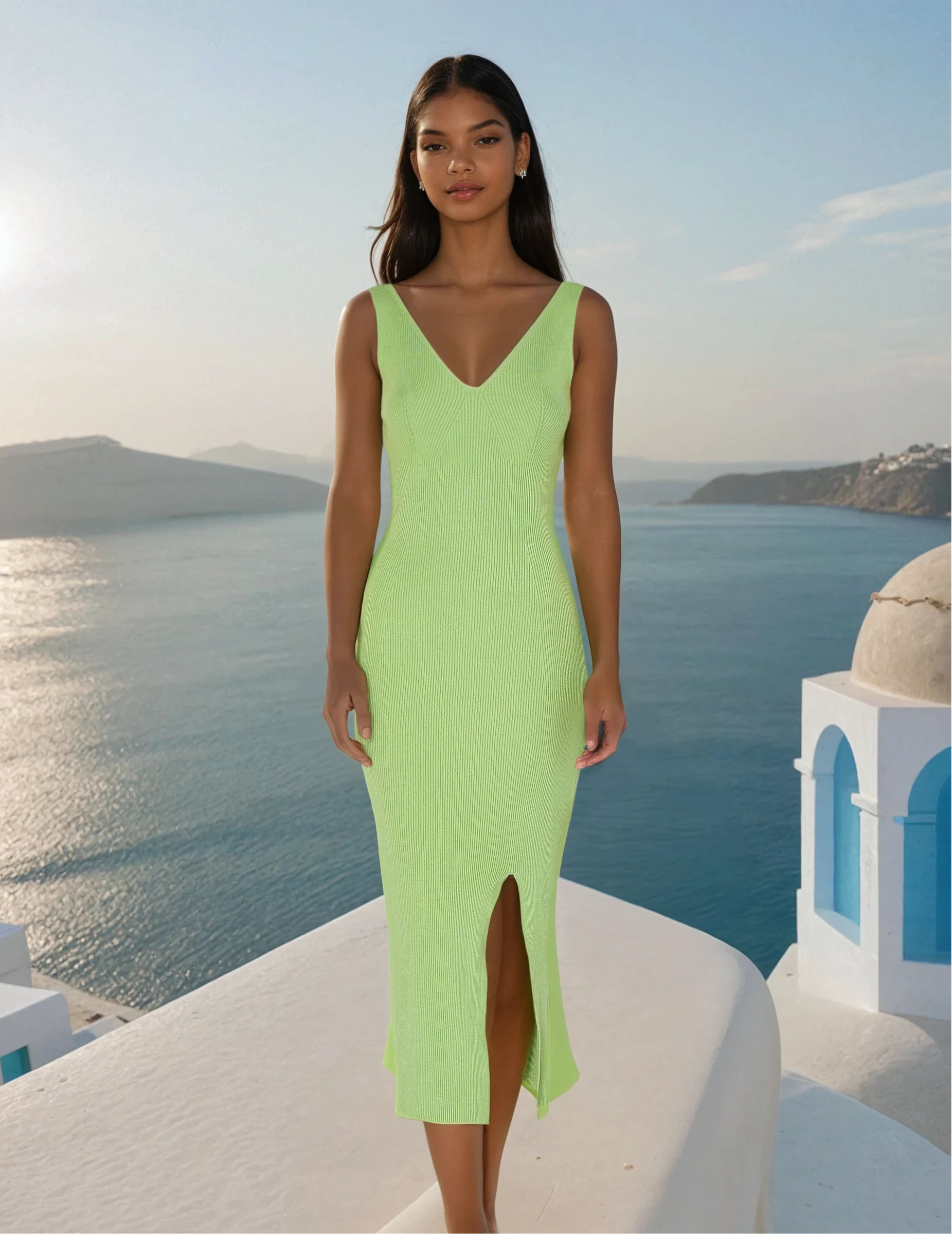 Großhändler Copperose - Langes Schlitzkleid aus feinem Rippstrick