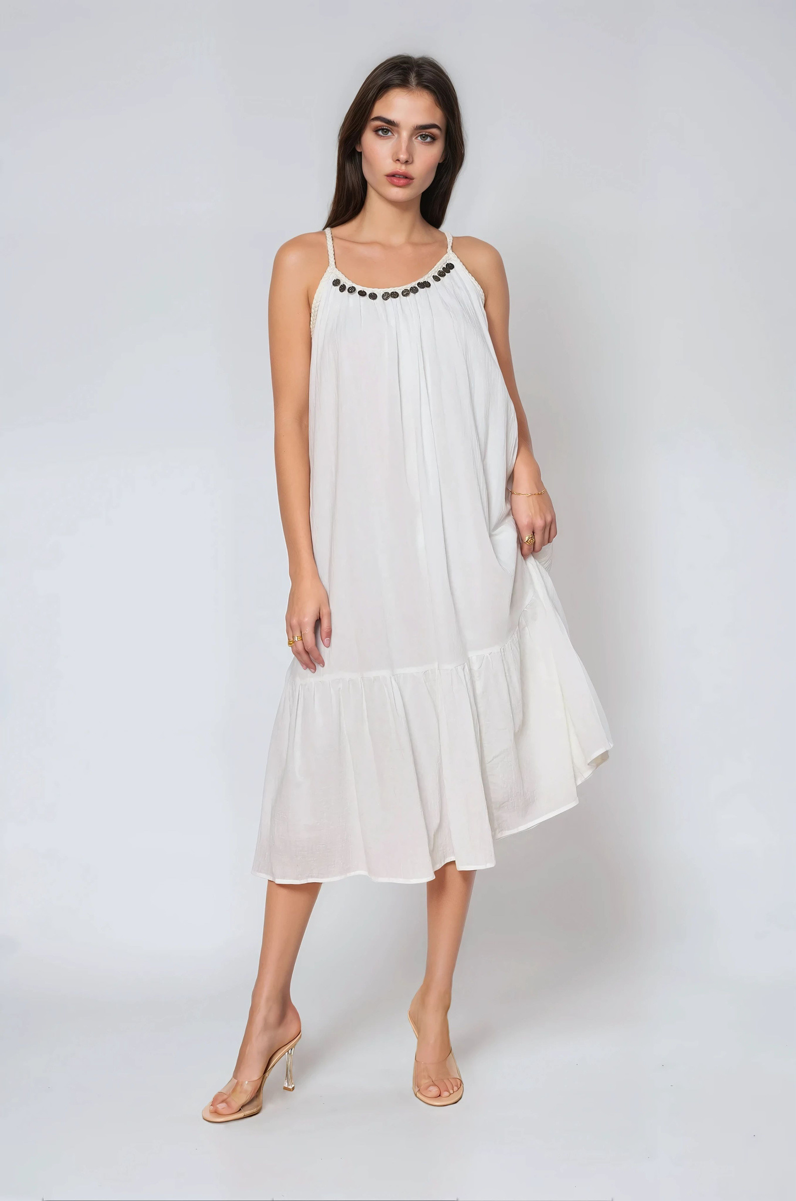 Mayorista Copperose Outlet - Vestido midi con cordón trenzado y monedas plateadas