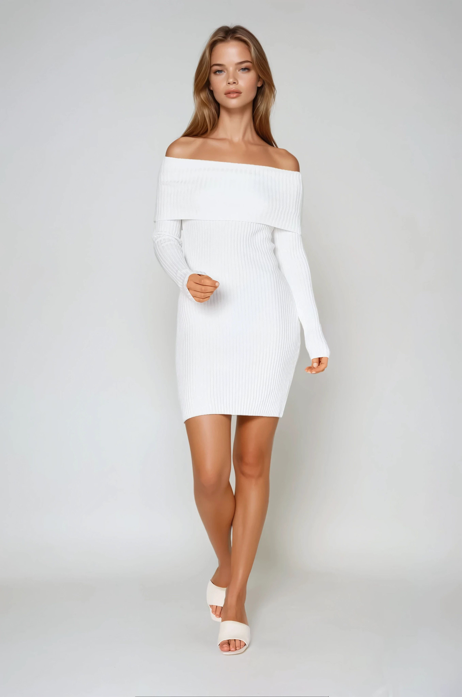Mayorista Copperose Outlet - Vestido corto de punto de canalé con cuello bardot