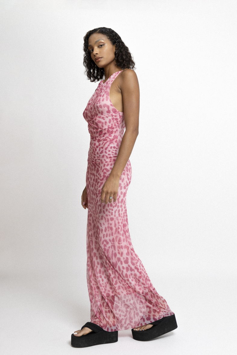 Grossiste Copperose - Robe longue en tulle drapée asymétrique à imprimé