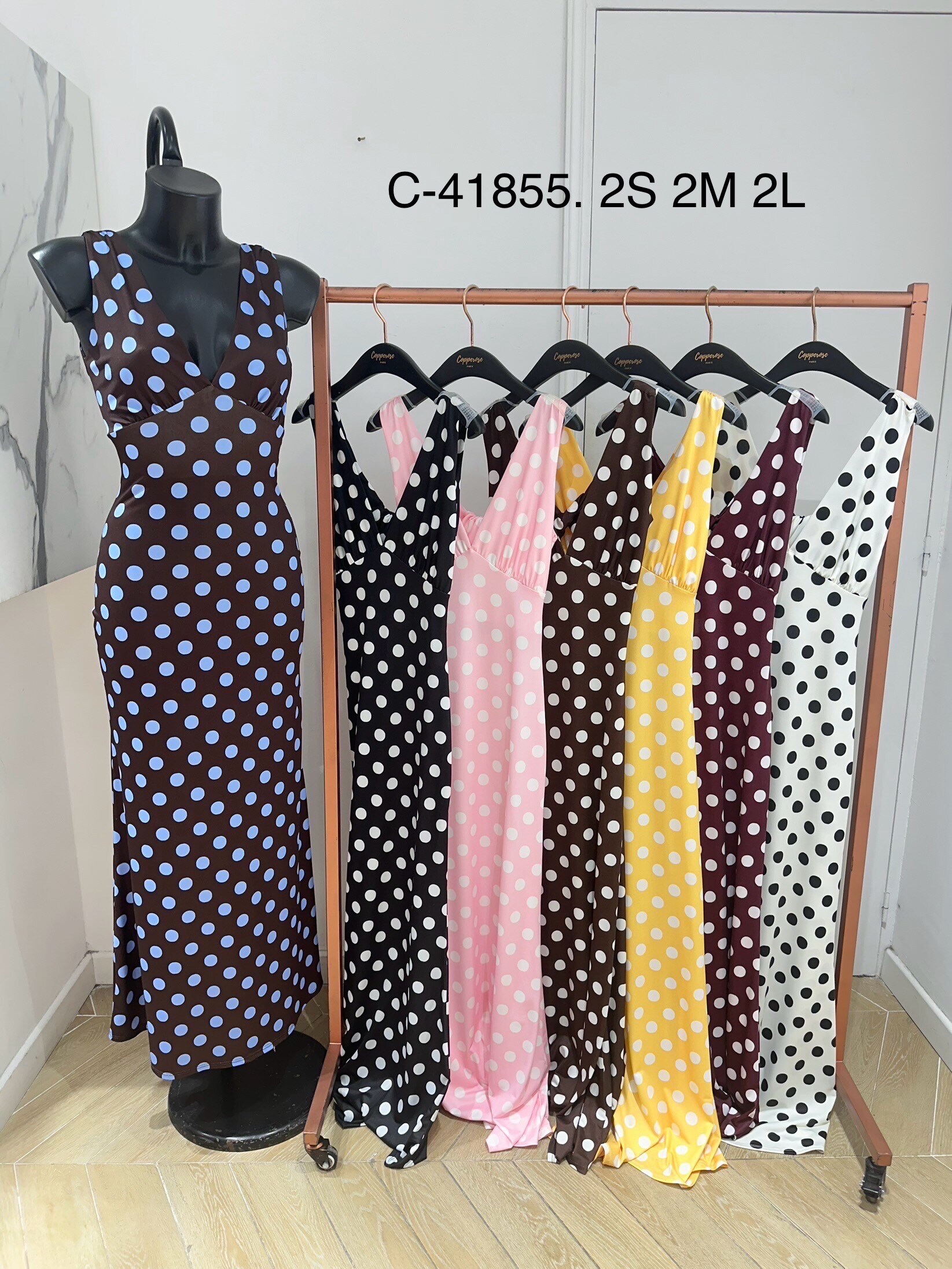 Mayorista Copperose - Vestido largo de lunares con detalle de nudo en la espalda