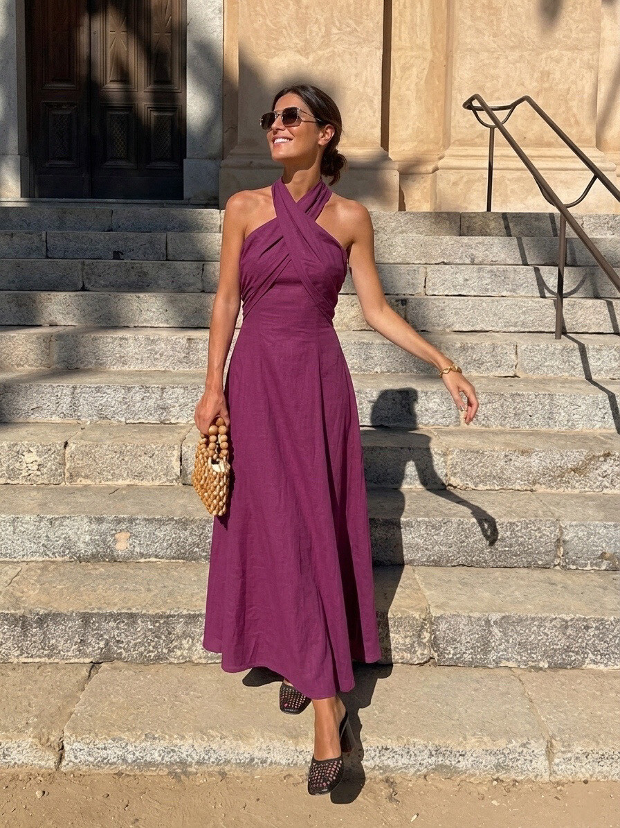 Wholesaler Copperose - LONG LINEN BLEND CROSS-NECKLINE DRESS