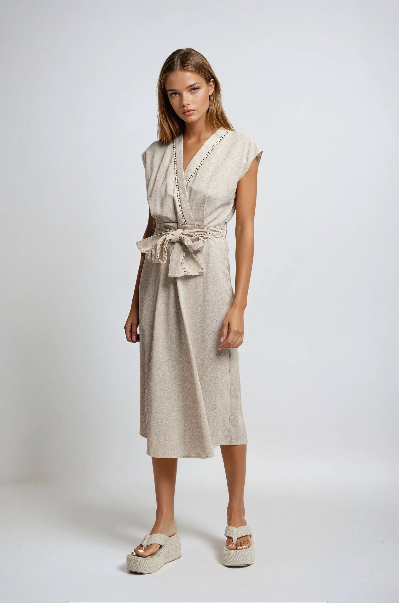 Grossiste Copperose Outlet - Robe midi ceinturée avec lin