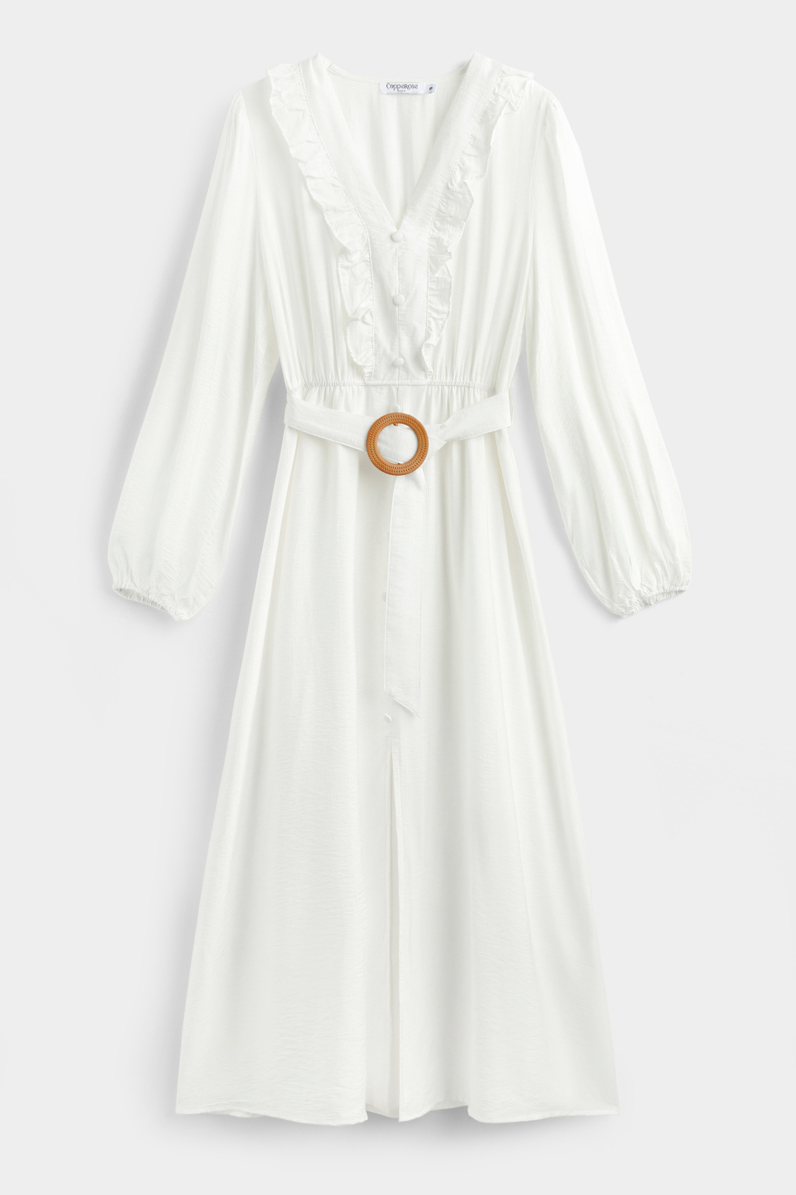 Mayorista Copperose - Vestido largo con cinturón y cuello con volantes