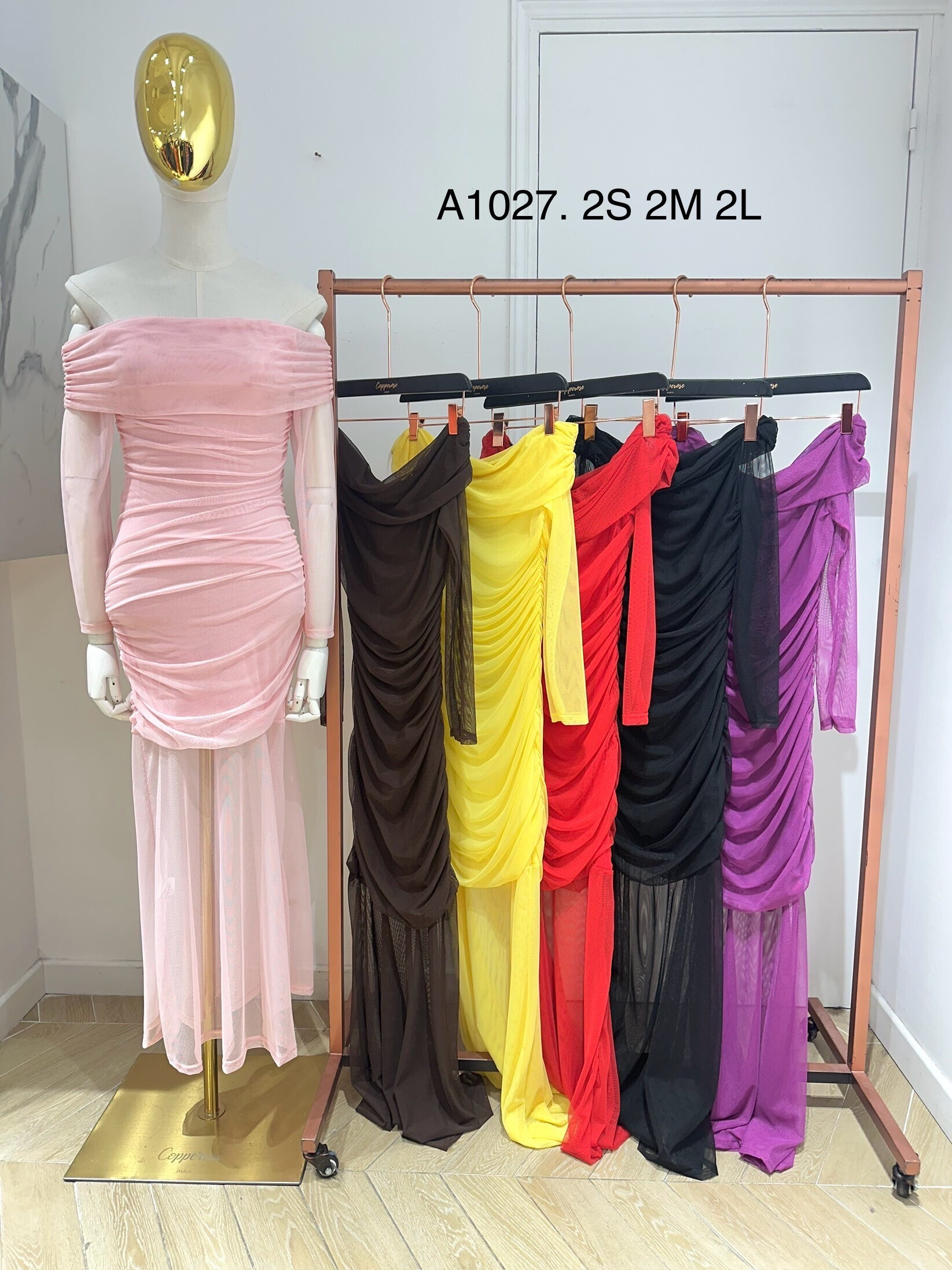 Grossista Copperose - Abito lungo drappeggiato in tulle