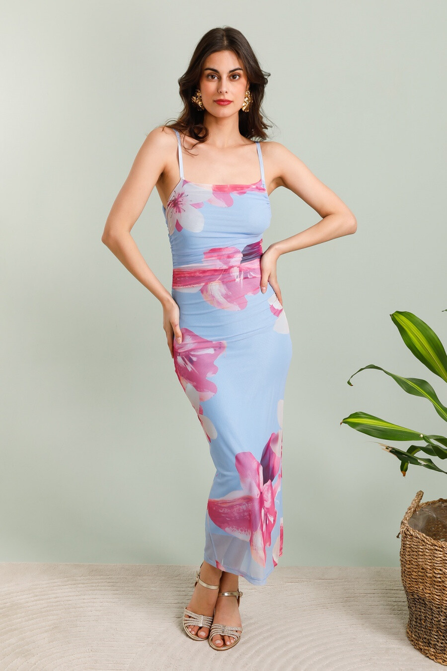 Grossista Copperose - Abito stampato lungo in tulle drappeggiato