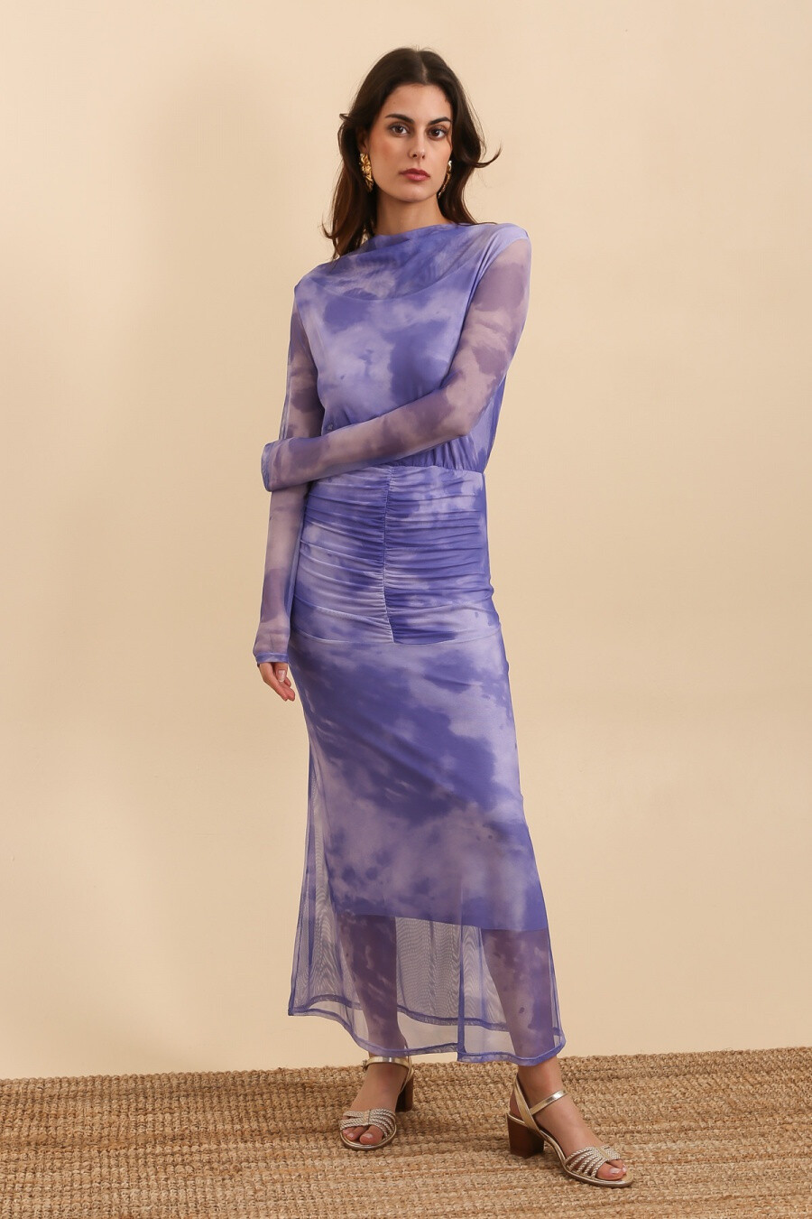 Grossista Copperose - Abito drappeggiato lungo in cravatta di tulle e colorante