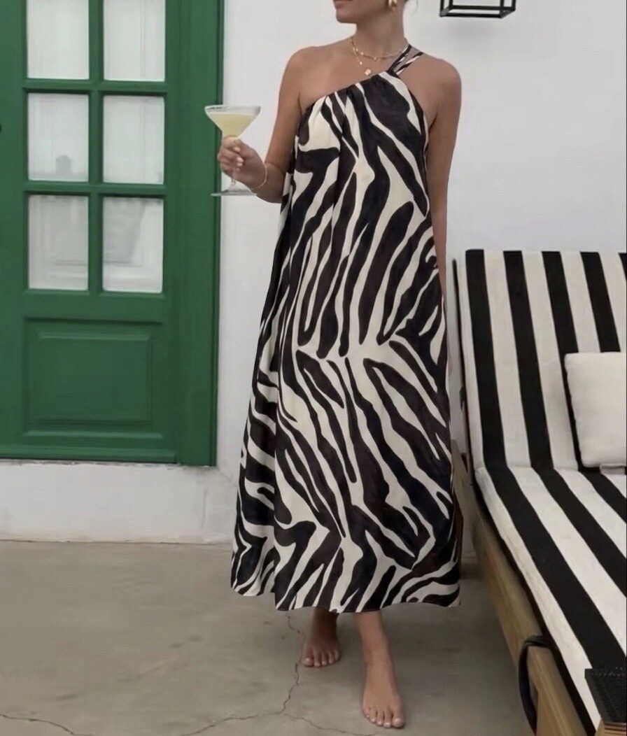 Wholesaler Copperose - ASYMMETRIC LONG DRESS WITH ZEBRA PATTERN