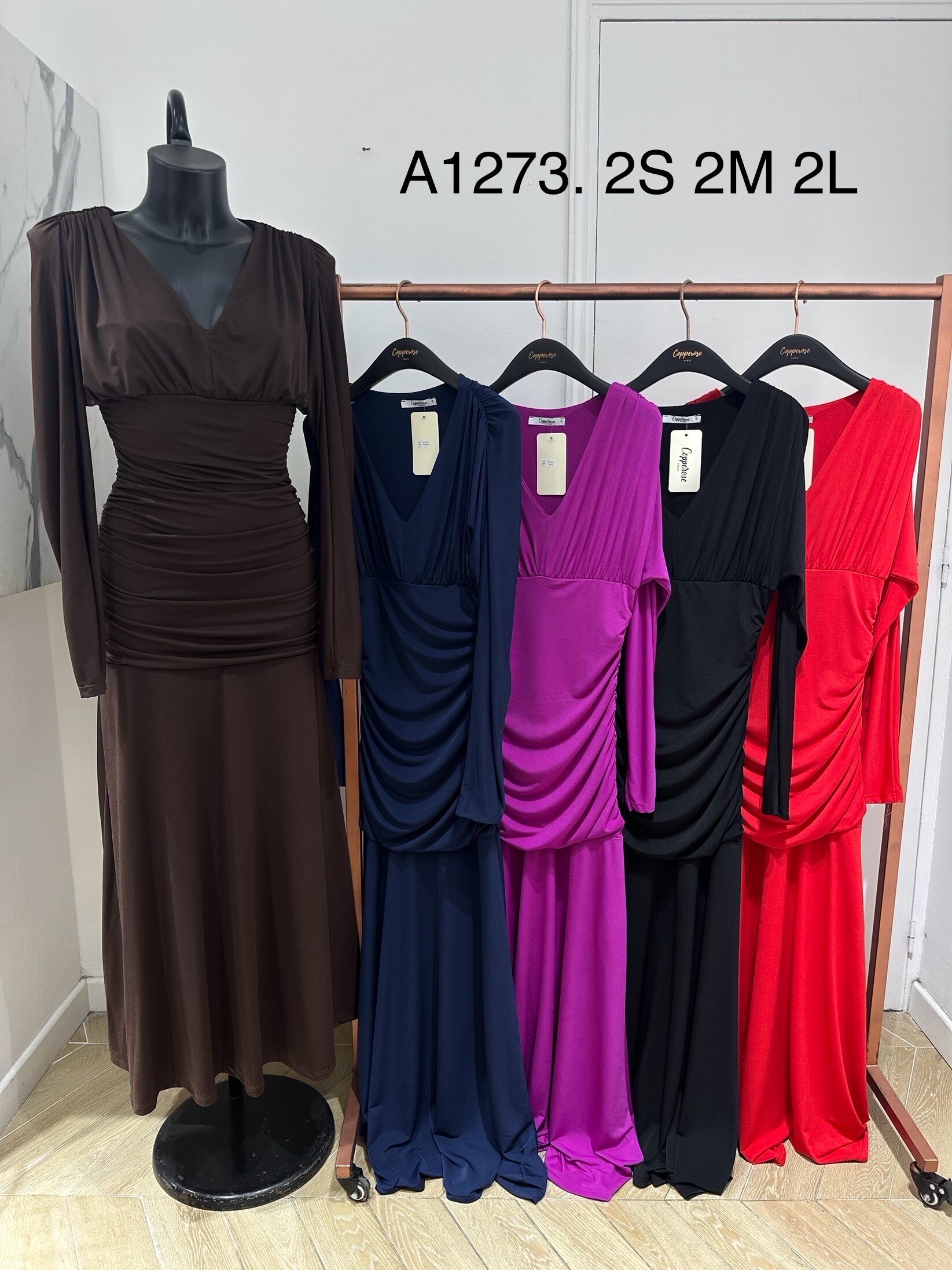 Mayorista Copperose - Vestido largo de punto con fruncidos laterales