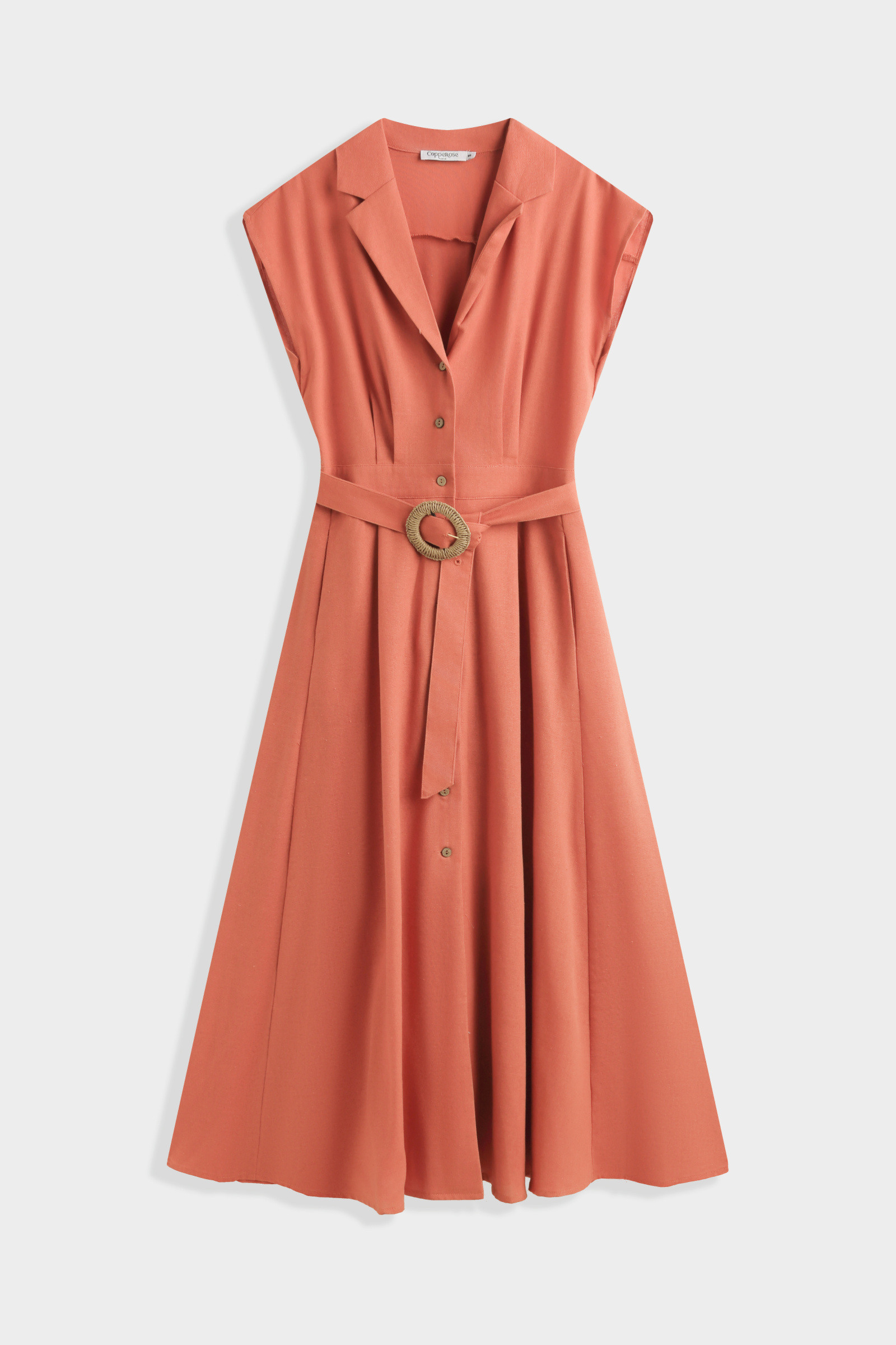 Grossiste Copperose - Robe chemisier en lin mélangé avec ceinture à boucle tressée (GRANDE TAILLE)