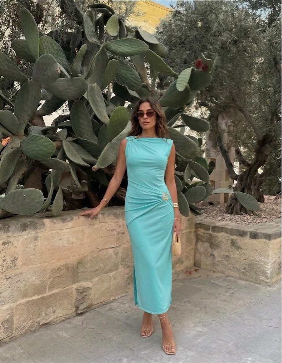 Grossiste Copperose - ROBE MIDI DRAPÉE À BOUCLES DORÉES