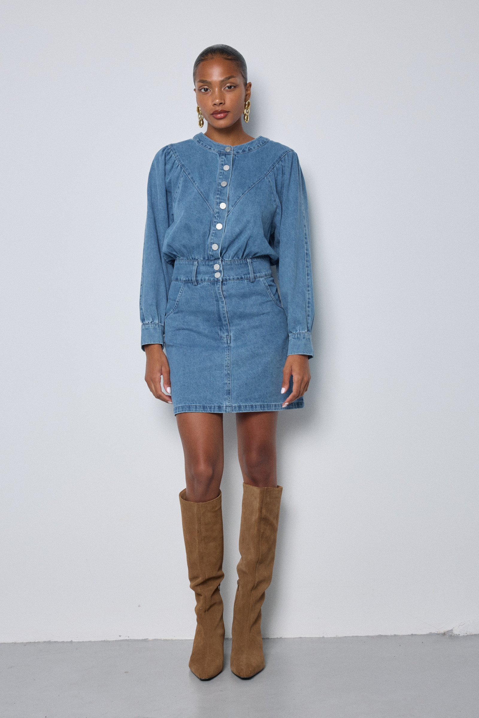Mayorista Copperose - Vestido corto de mezclilla con efecto de dos piezas