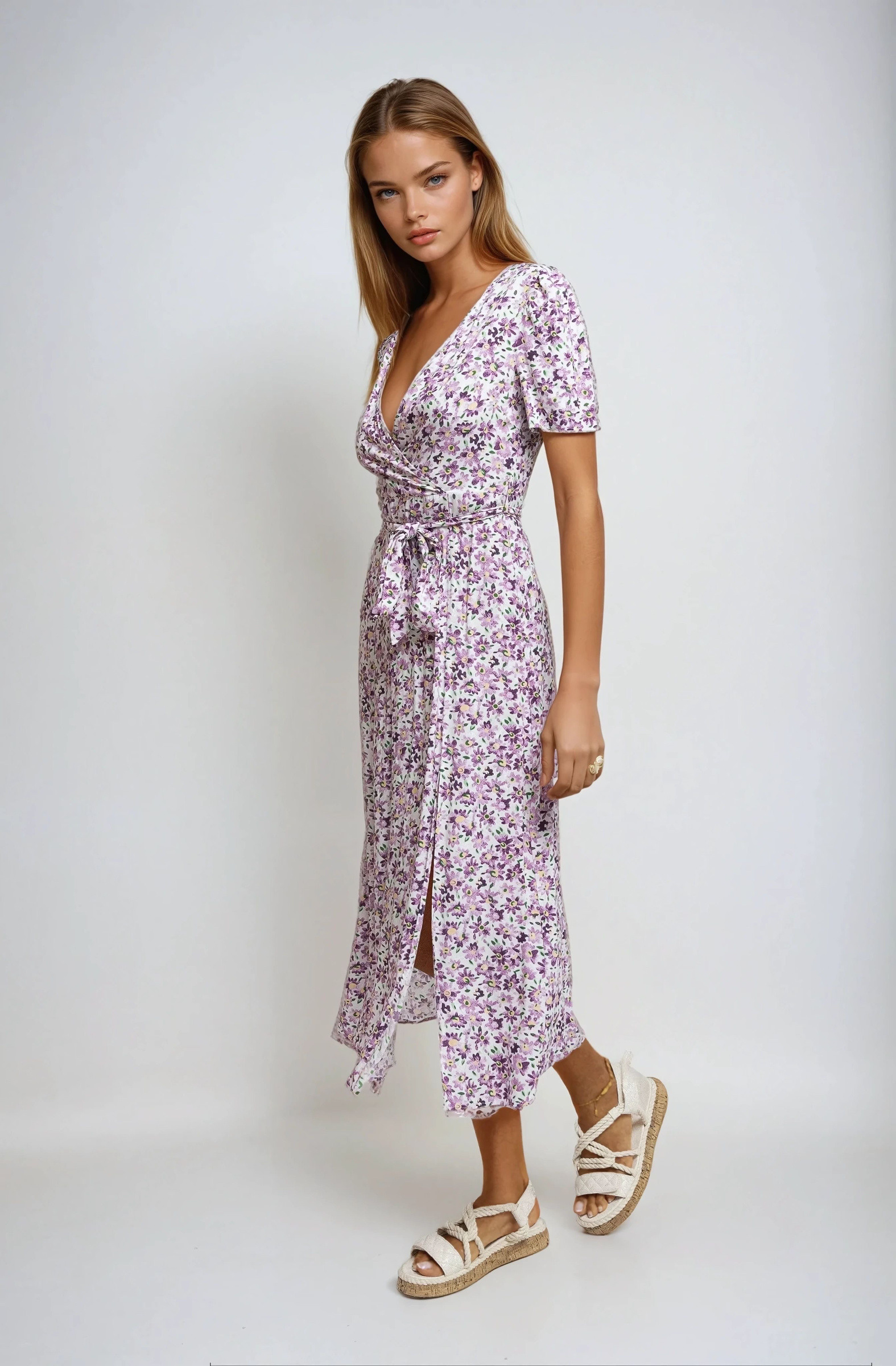 Flowy midi dress with a floral print and belt | Paris Fashion Shops