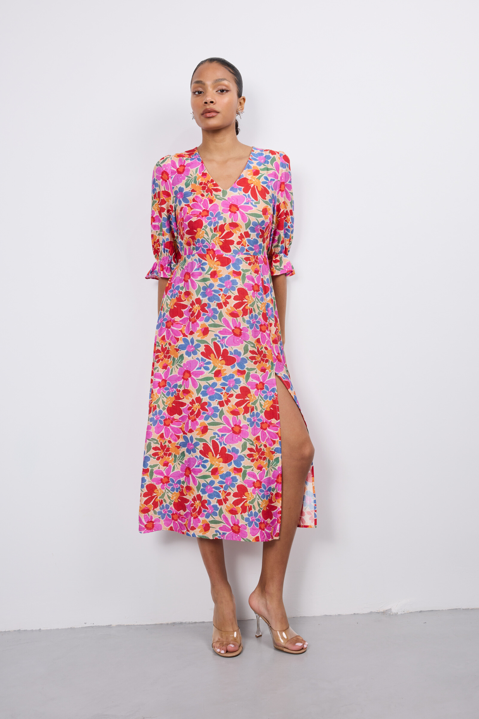 Grossista Copperose - Abito stampato floreale con maniche gonfie