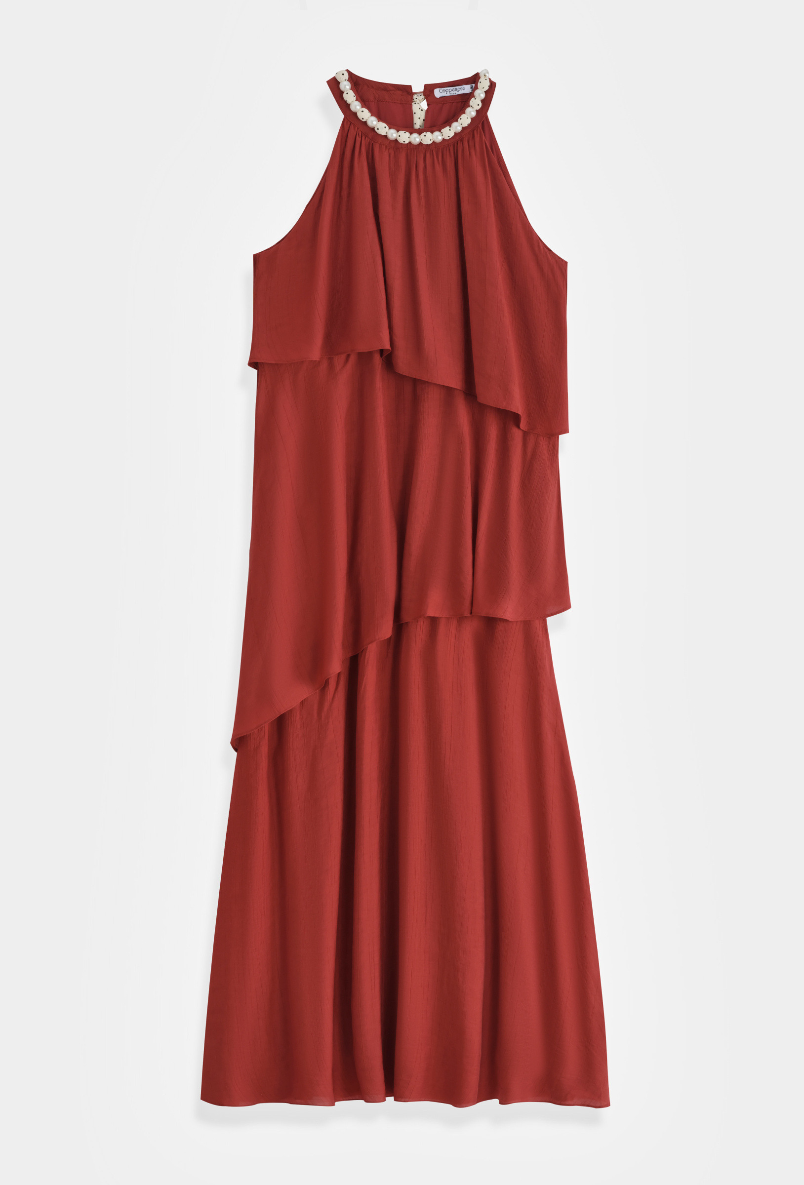 Grossiste Copperose - ROBE LONGUE À VOLANTS ET COLLIER PERLÉ
