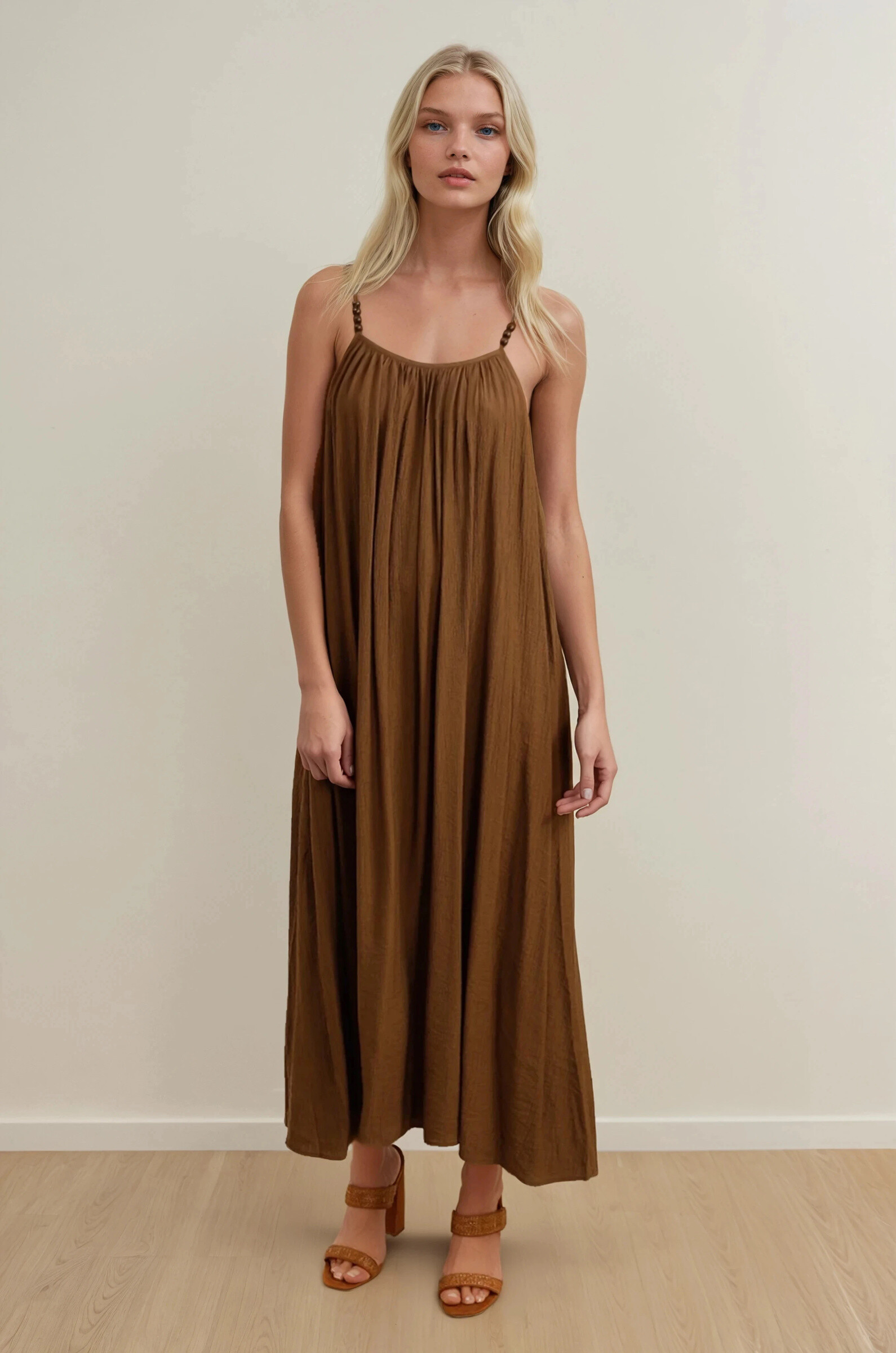 Großhändler Copperose - Flüssigkeitsbänder Kleid mit Holzperlen dekoriert
