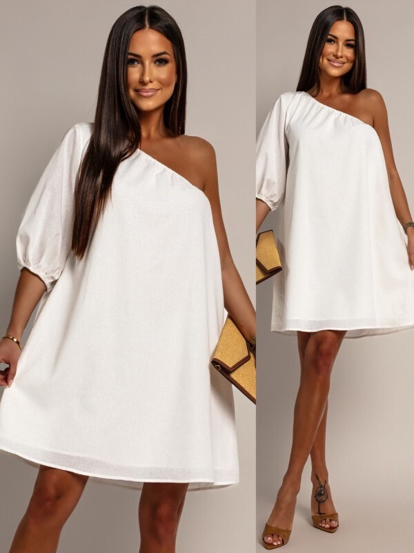 Wholesaler Copperose - Short asymmetrical dress with a sleeve in blended linen
