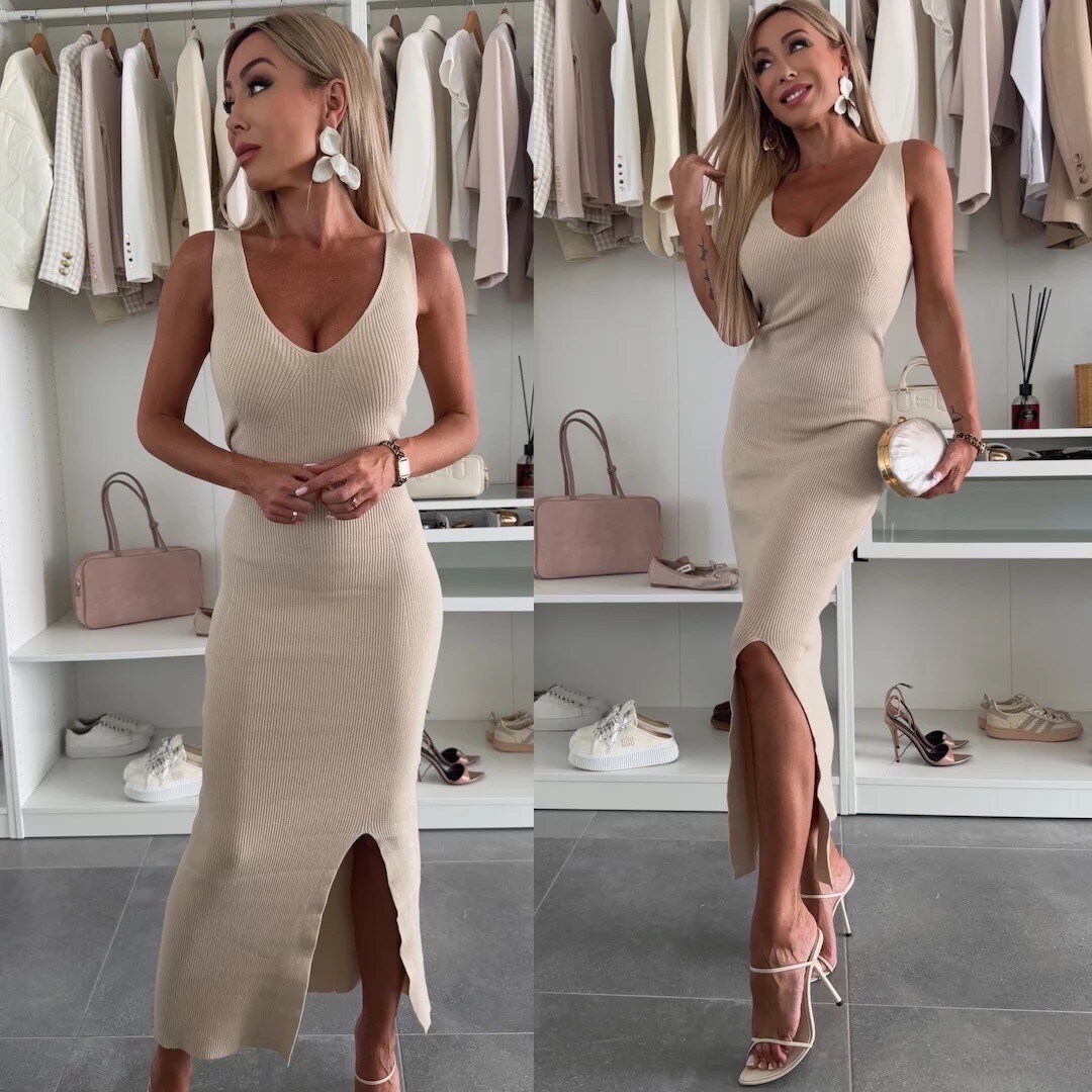 Grossiste Copperose - Robe longue fendue en maille fine côtelée