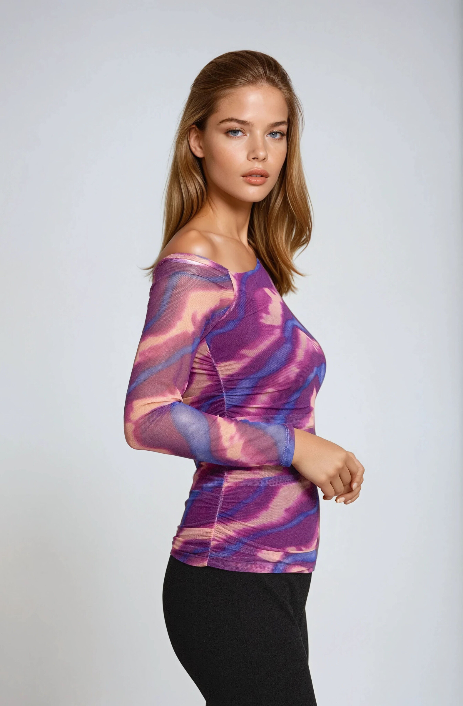Grossista Copperose - Top asimmetrico in tulle stampato tie and dye