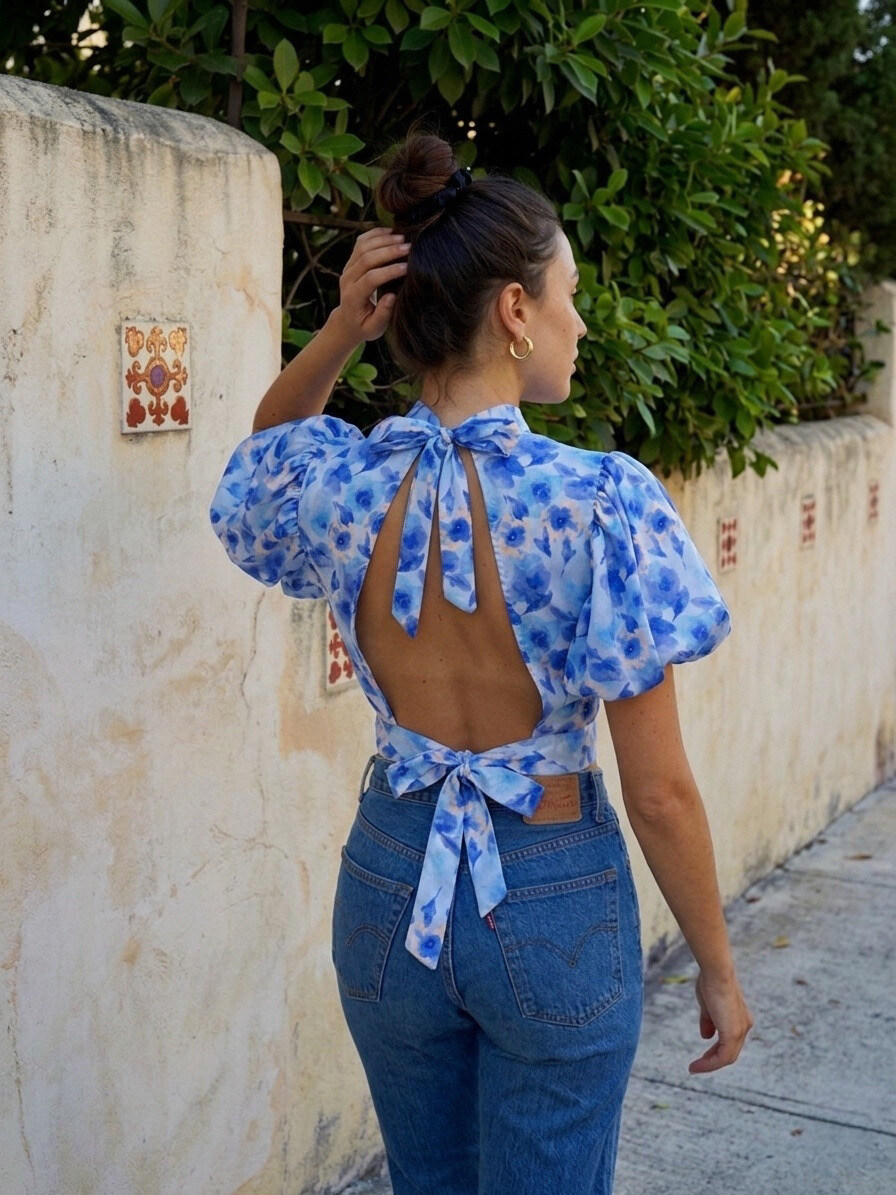 Grossista Copperose - Crop Top Scollo a Schiena con Maniche a Palloncino