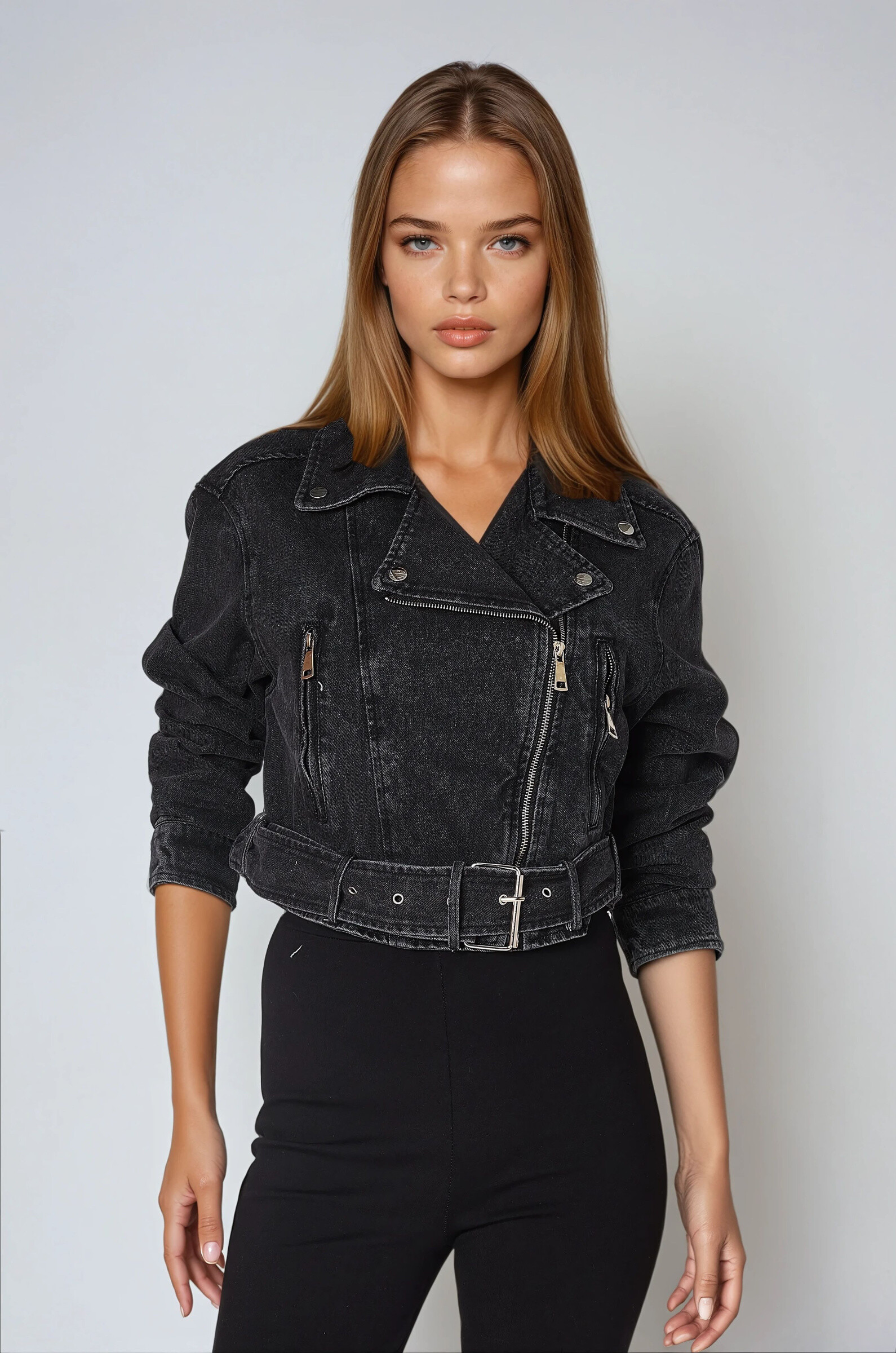Grossiste Copperose - veste perfecto crop en denim avec poches zippées