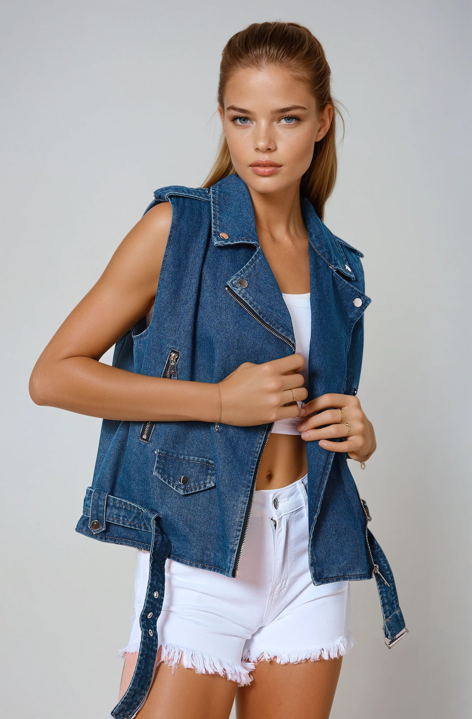 Grossista Copperose - giacca di jeans oversize senza maniche in stile motociclista