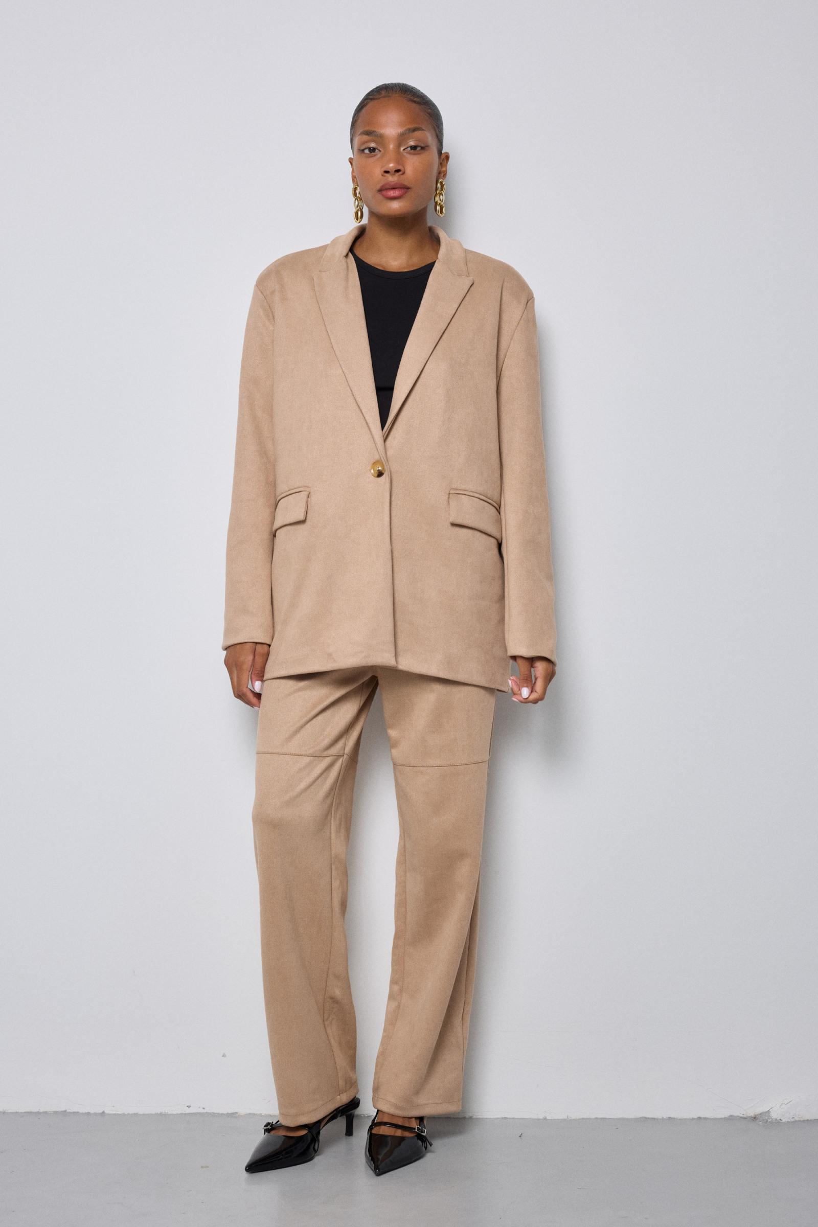 Grossista Copperose - Giacca oversize dritta in camoscio con un solo bottone