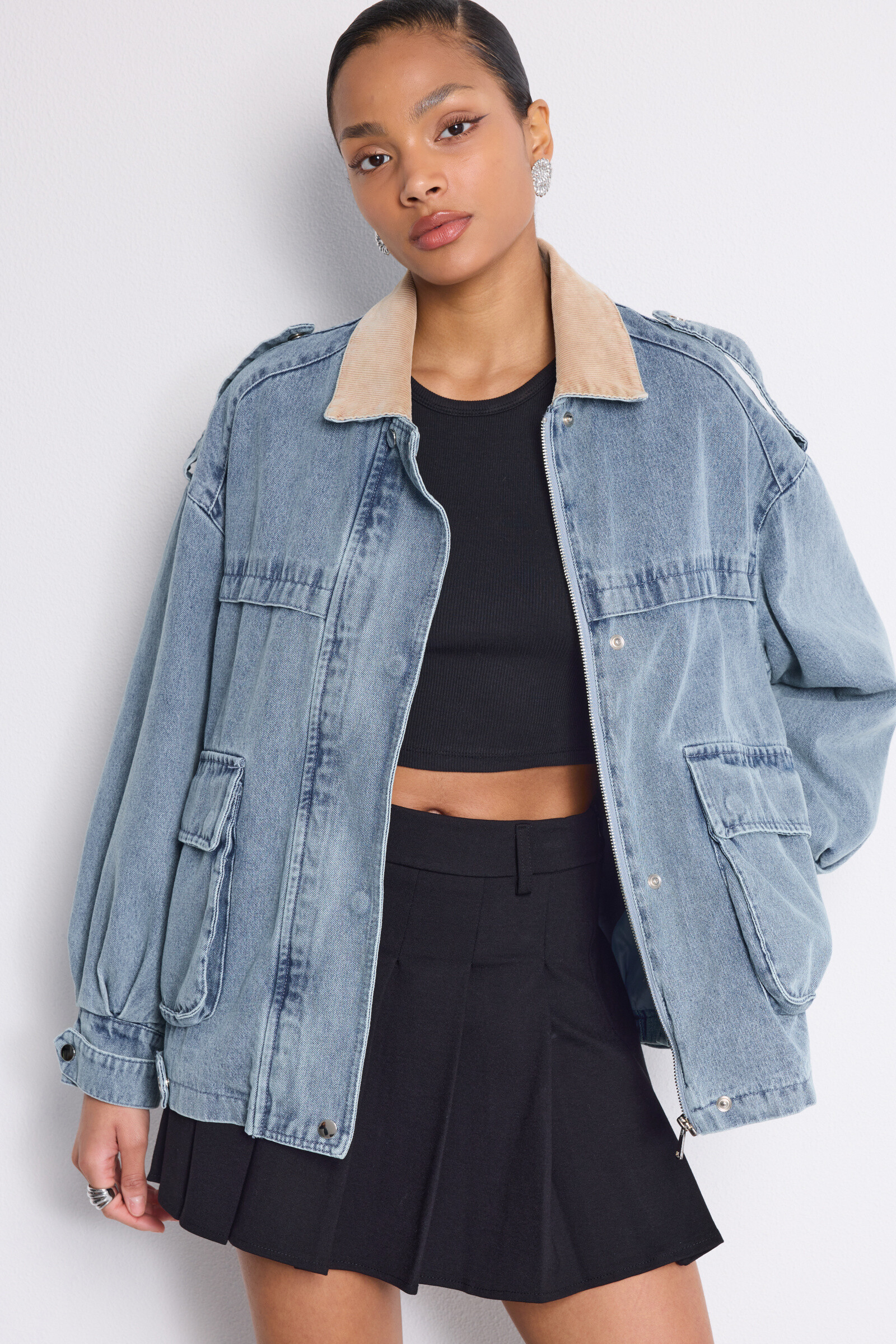 Wholesaler Copperose - Denim barn jacket with ribbed velvet collar
