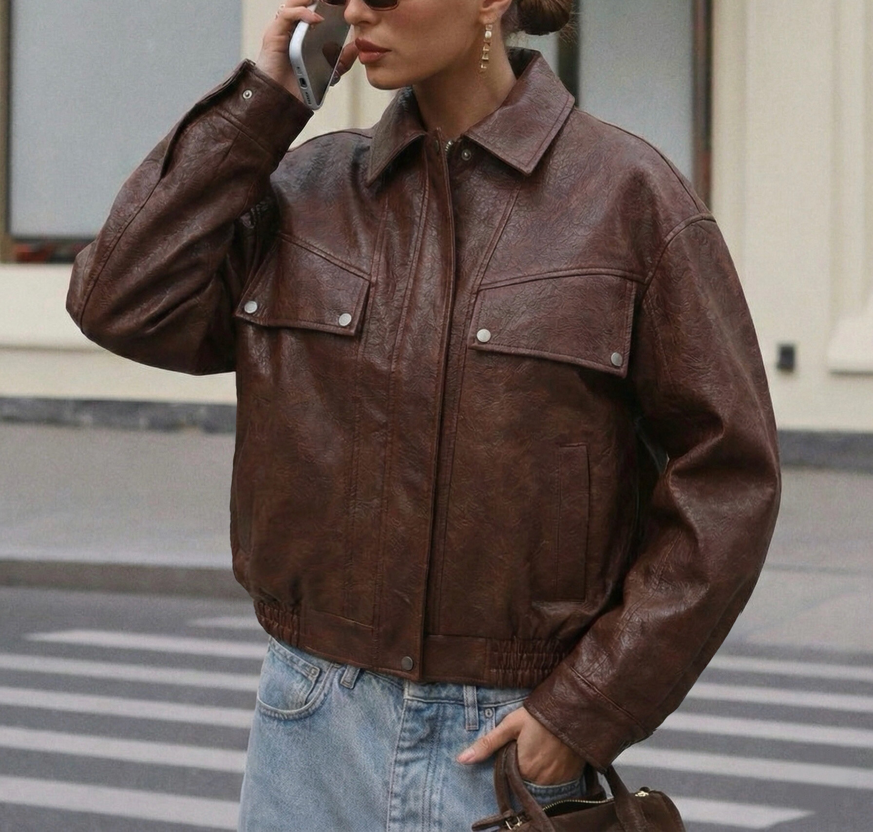 Grossiste Copperose - Veste oversize en similicuir à gros rabats décoratifs