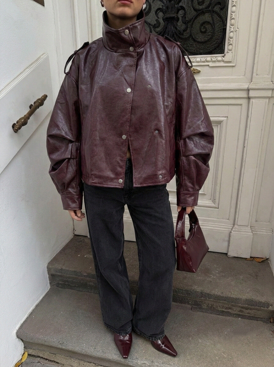 Grossiste Copperose - BLOUSON EFFET CUIR A COL MONTANT