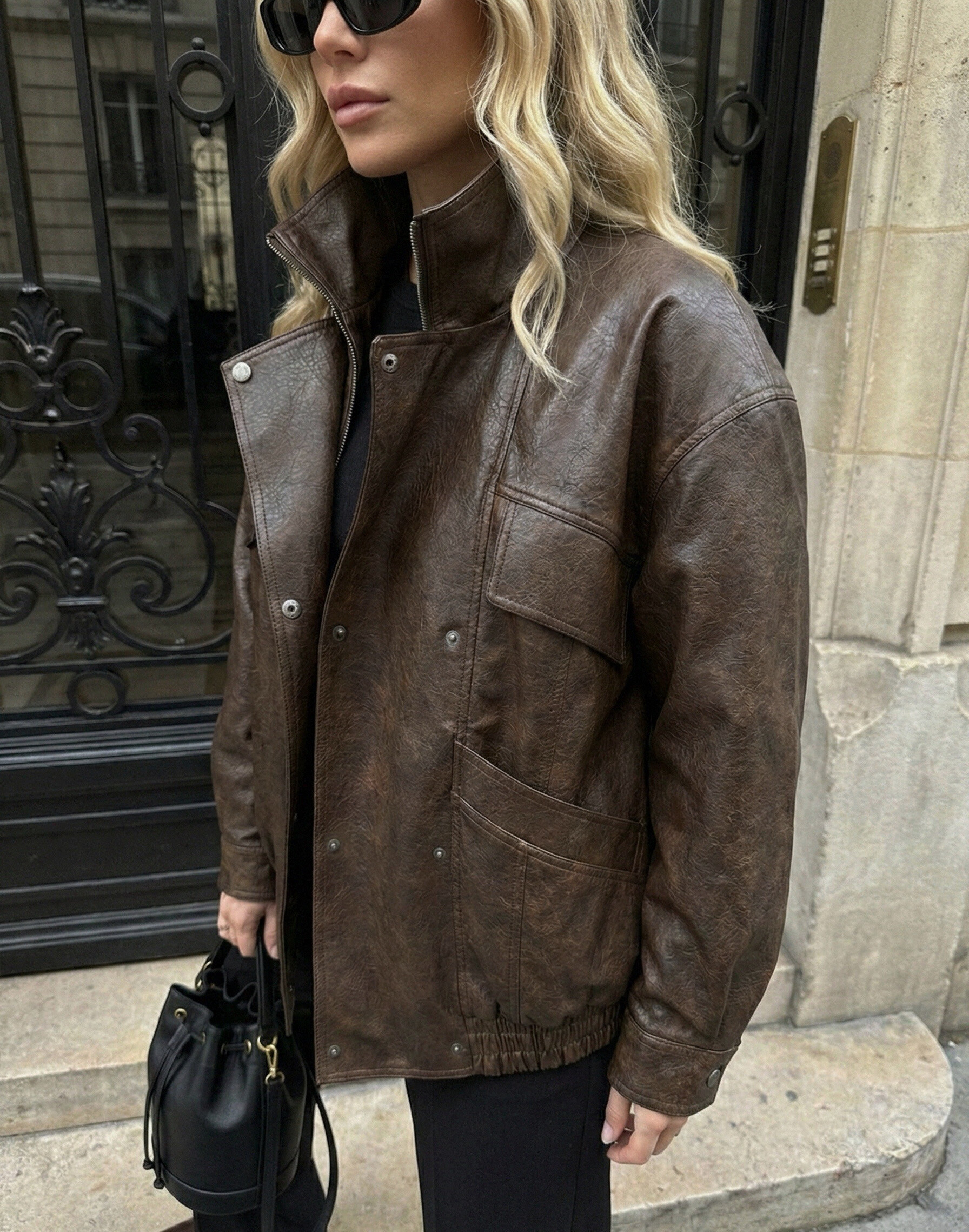 Grossiste Copperose - Veste en similicuir à col montant avec fermeture double boutonnage