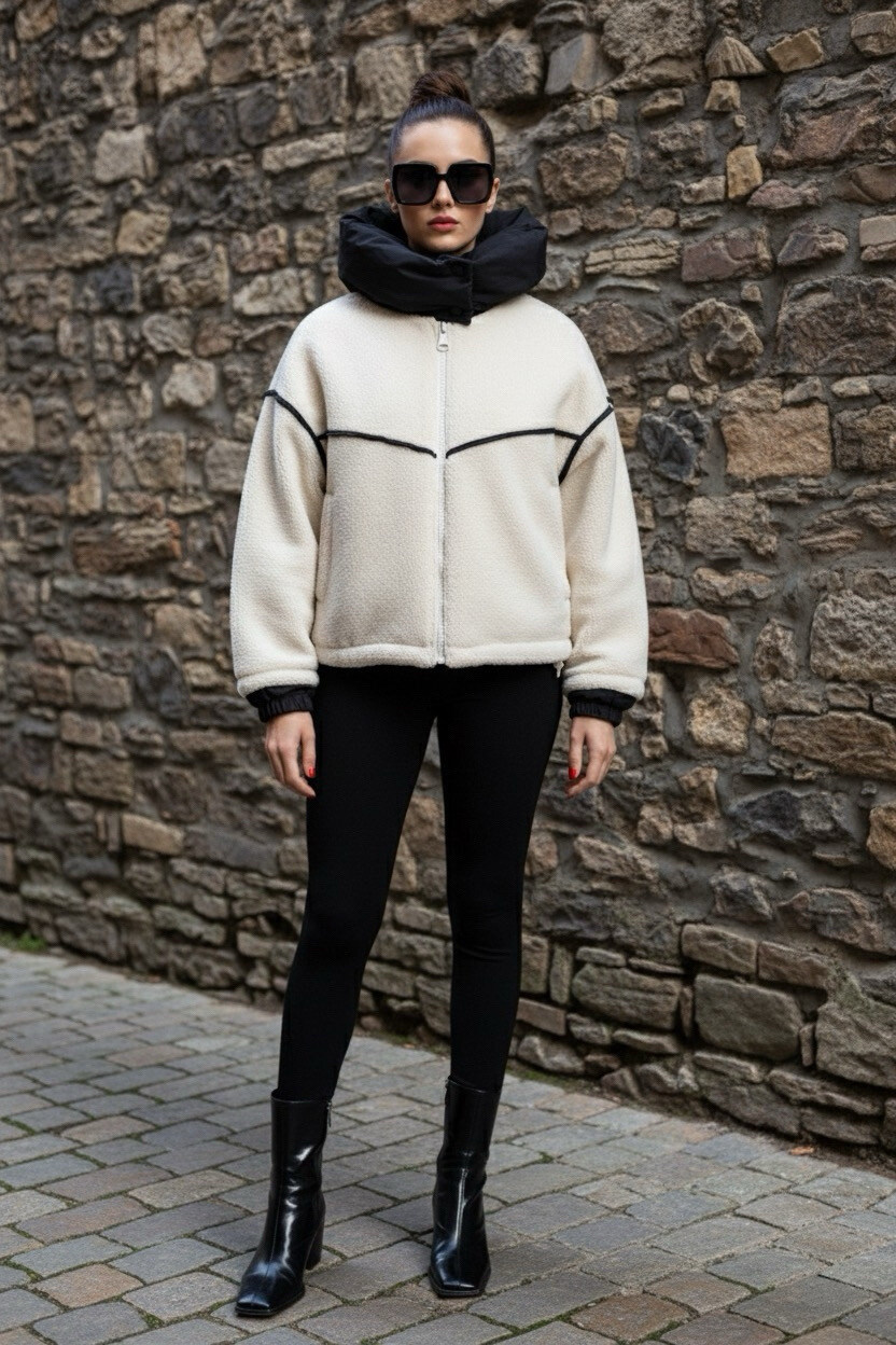 Wholesaler Copperose - HOODED FAUX FUR JACKET WITH MIXED MATERIALS
