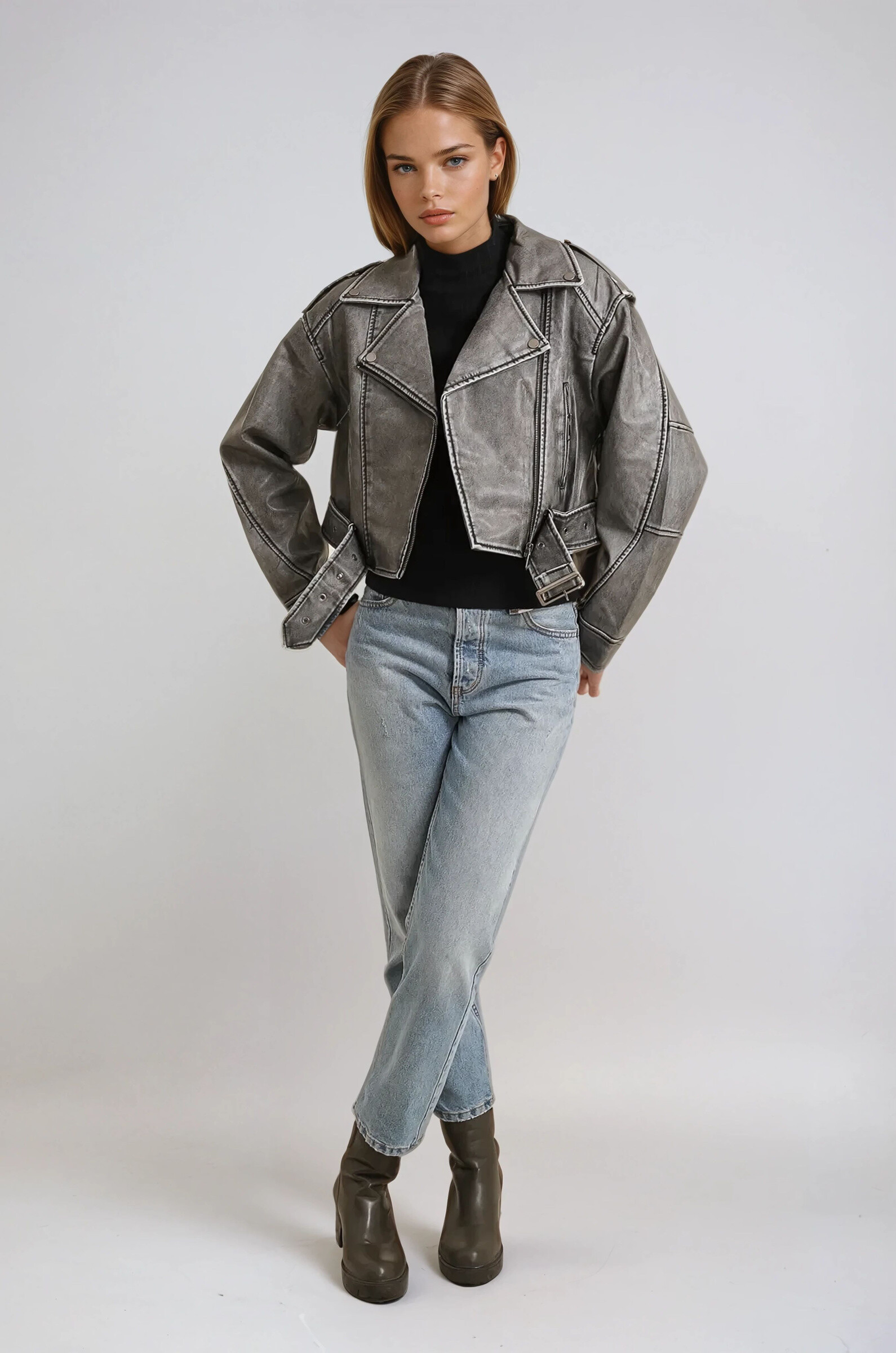 Grossiste Copperose - Veste perfecto courte délavée en similicuir et ceinturée