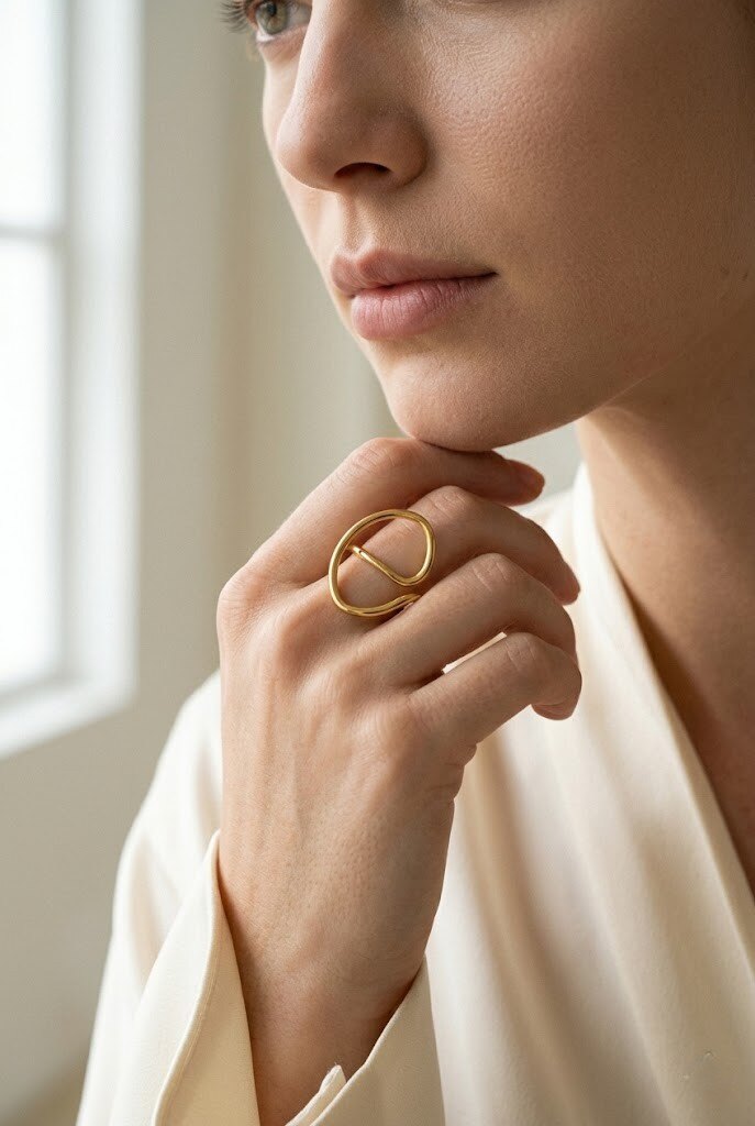 Grossiste COSMOS - Bague dorée ouverte forme géométrique ovale moderne design minimaliste femme élégante