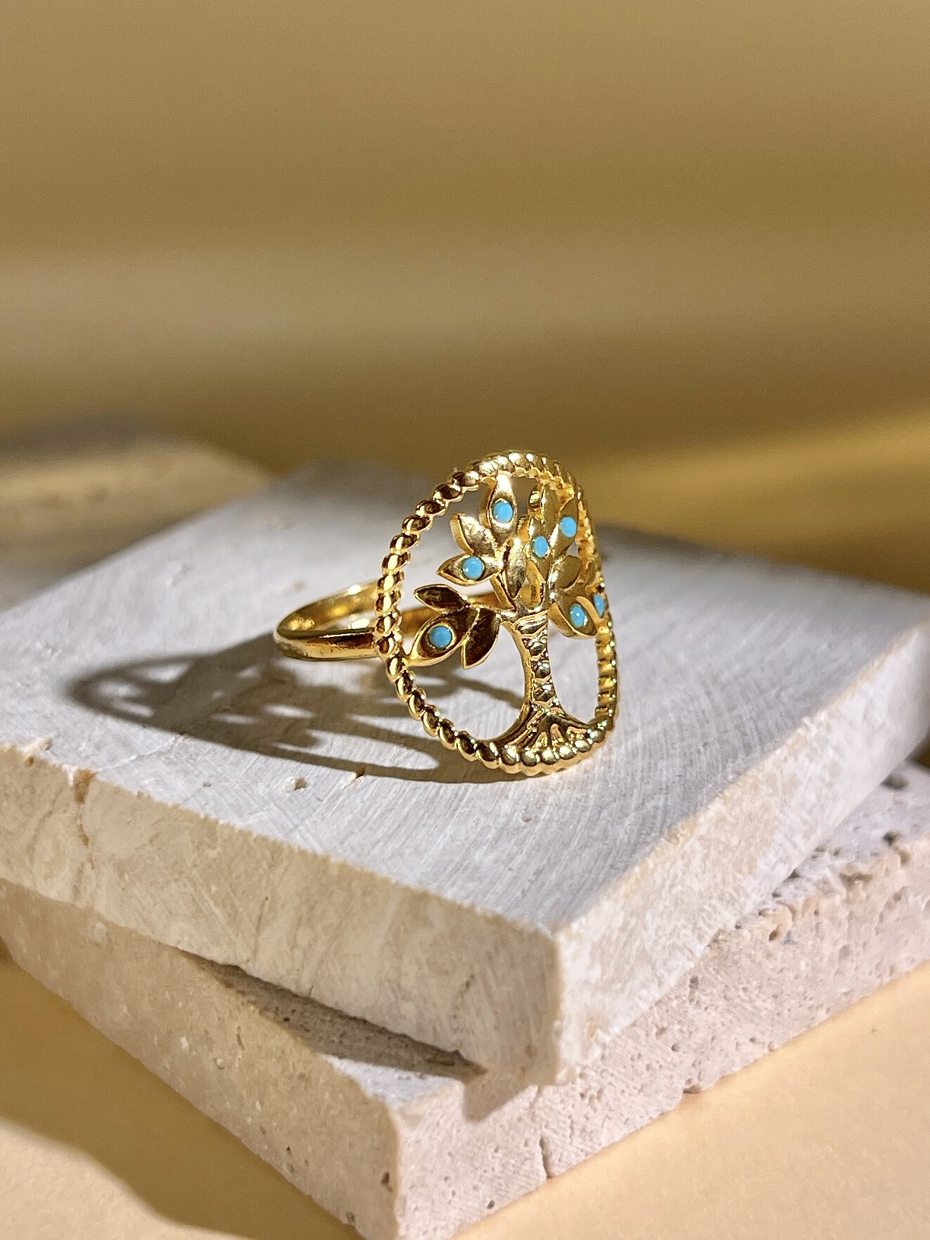 Grossiste COSMOS - Bague arbre de vie femme pierre turquoise acier inoxydable doré
