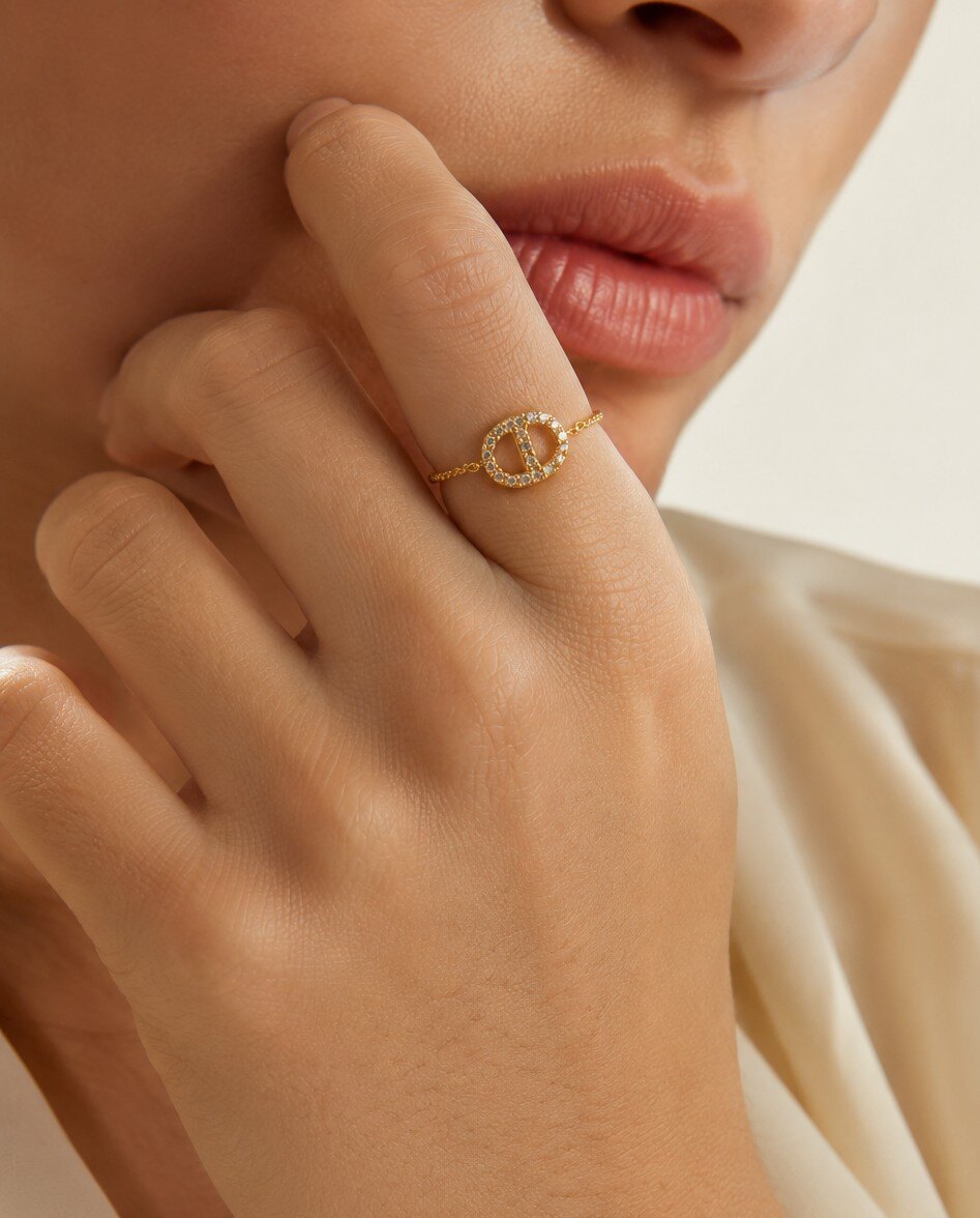 Grossiste COSMOS - Bague dorée maille ovale coulissante pavée éclat brillant chic moderne tendance