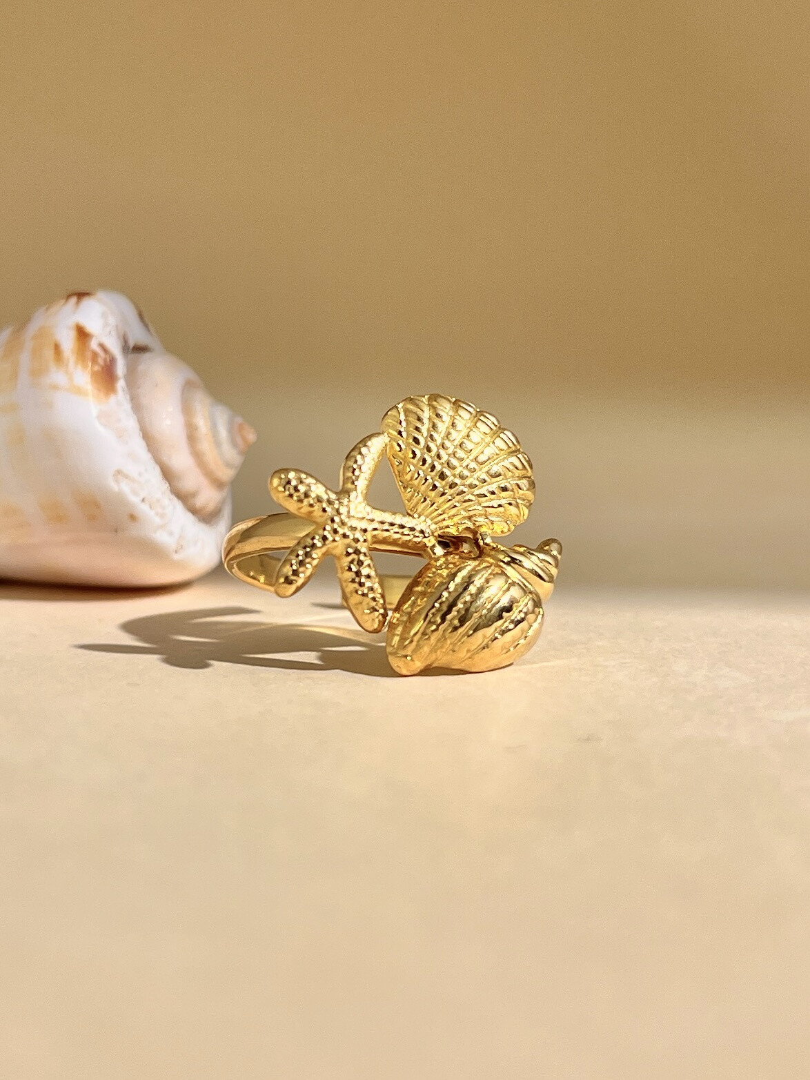 Wholesaler COSMOS - Adjustable seashell and starfish ring in stainless steel trendy marine